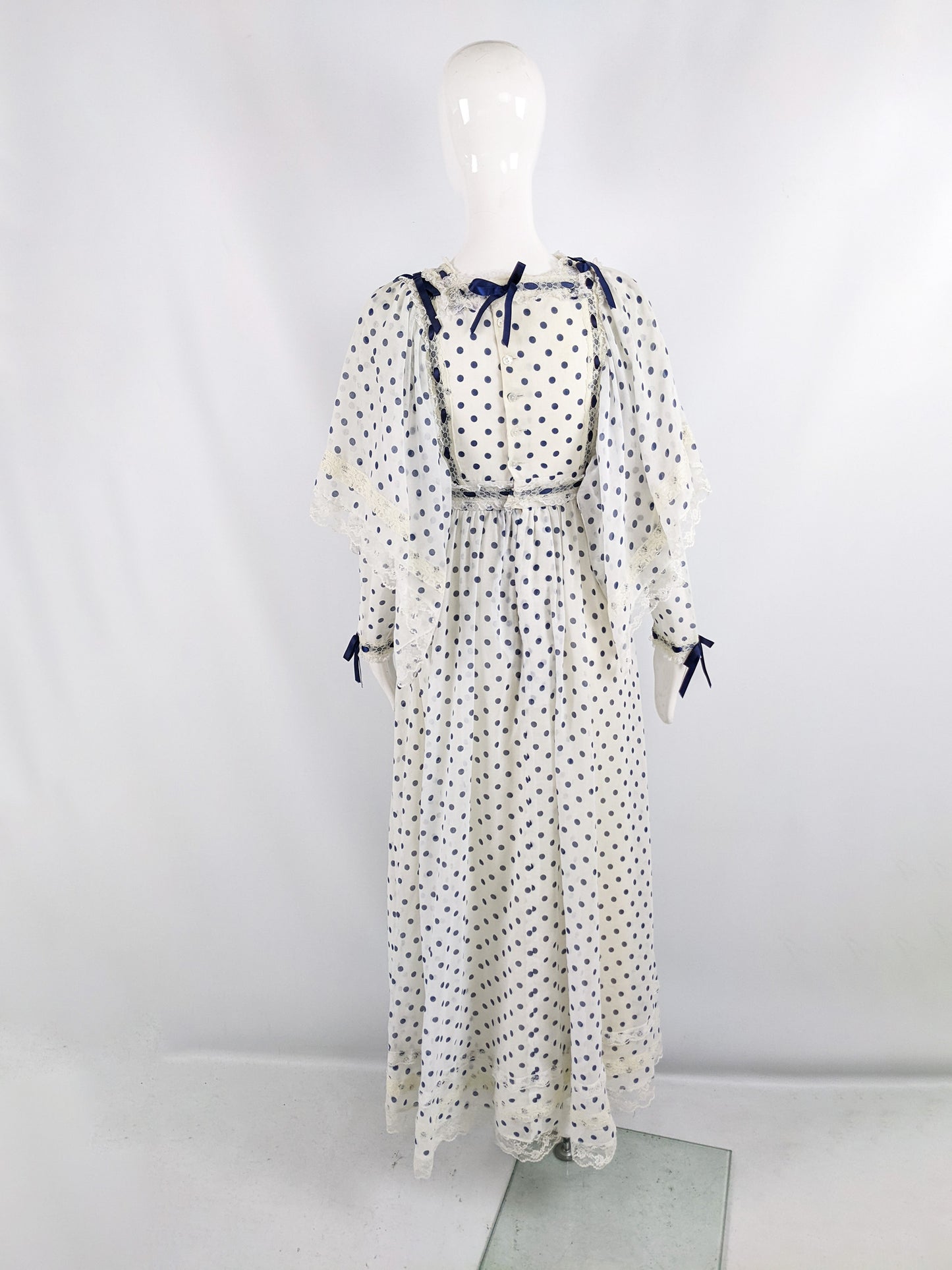 Vintage Off White & Navy Blue Polka Dot Historical Dress, 1970s