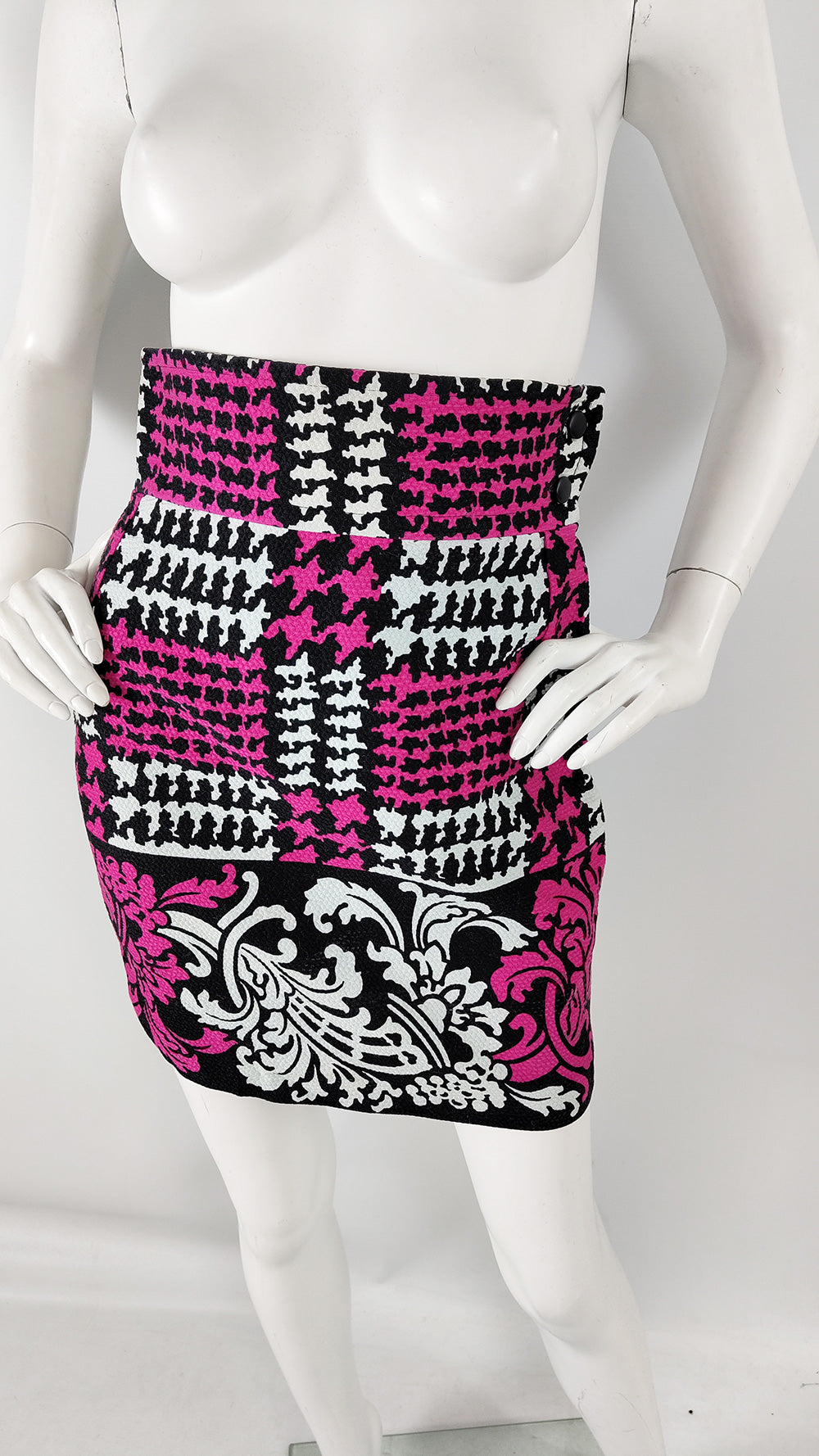 Christian Lacroix Vintage Black, Fuchsia & White Houndstooth Skirt, 1990s