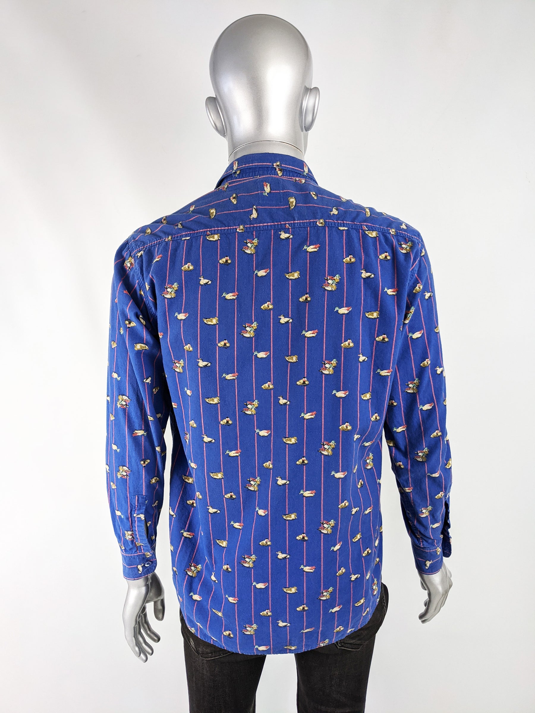 Trussardi Vintage Mens Long Sleeve Blue Duck Print Shirt, 1990s