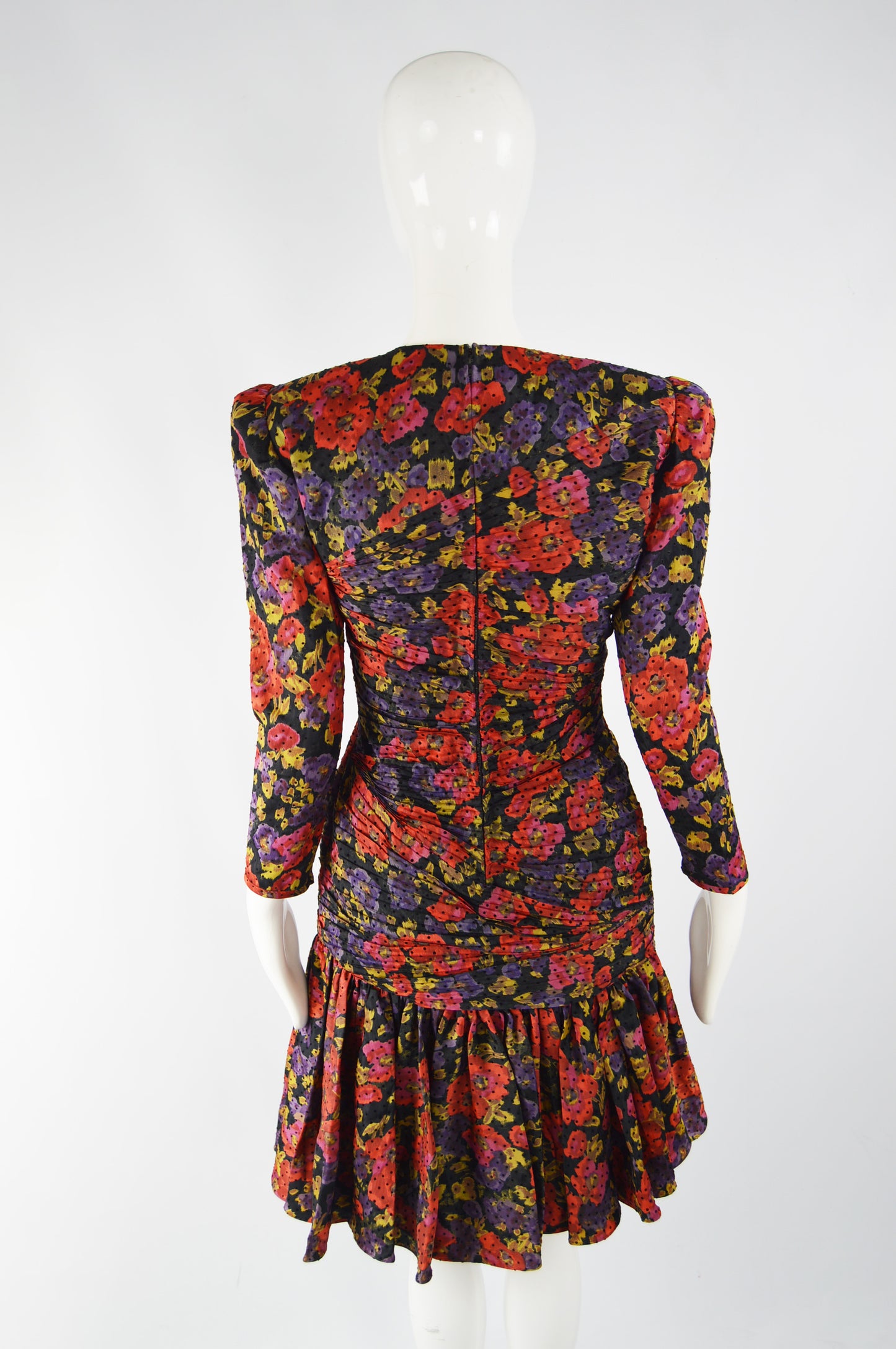 Vintage Ruched Silk Floral Evening Dress, 1980s