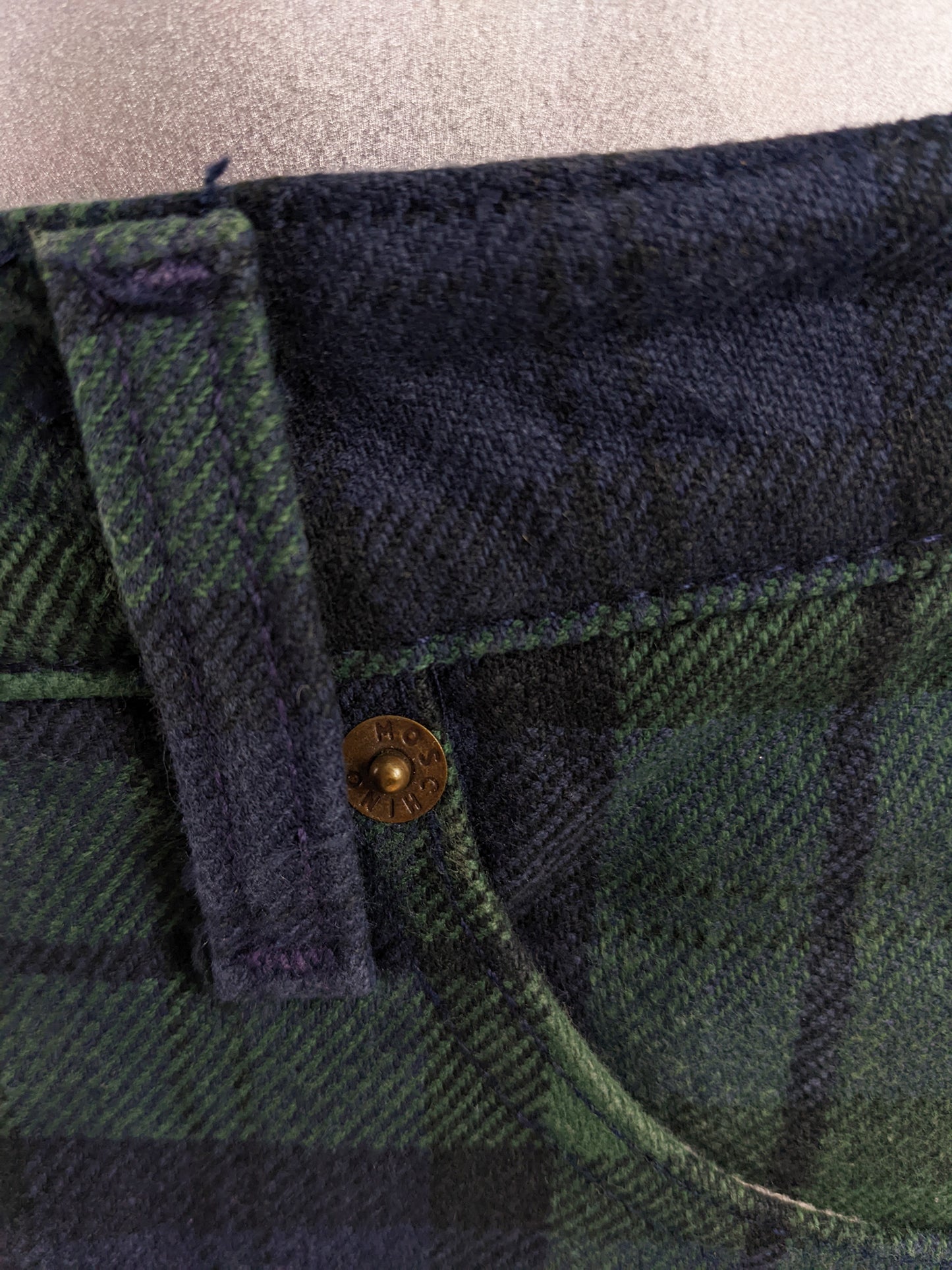 Moschino Vintage Mens Blue & Green Tartan Jeans, 1980s
