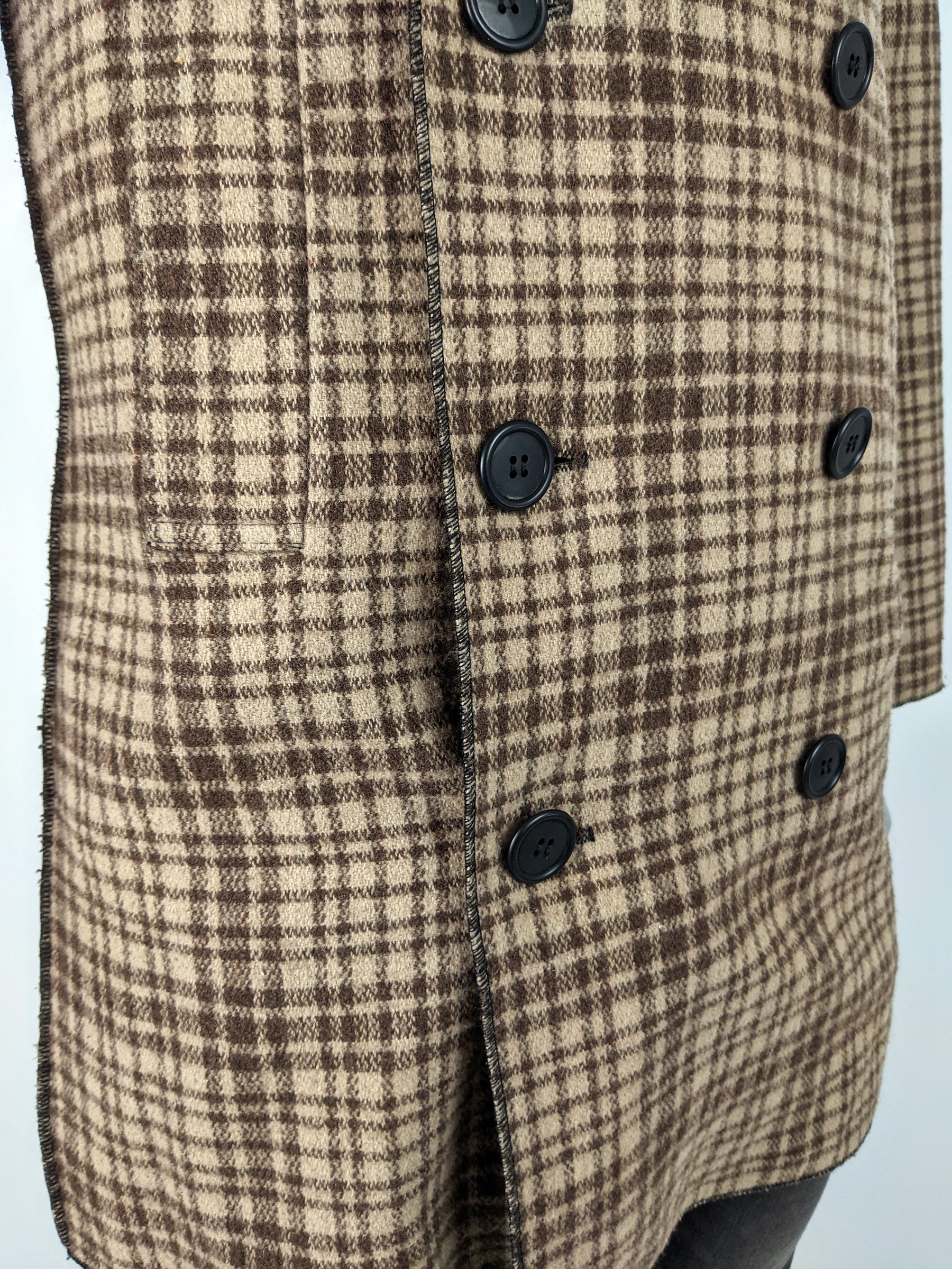 Vintage Brown Check Double Breasted Pea Coat, 1990s