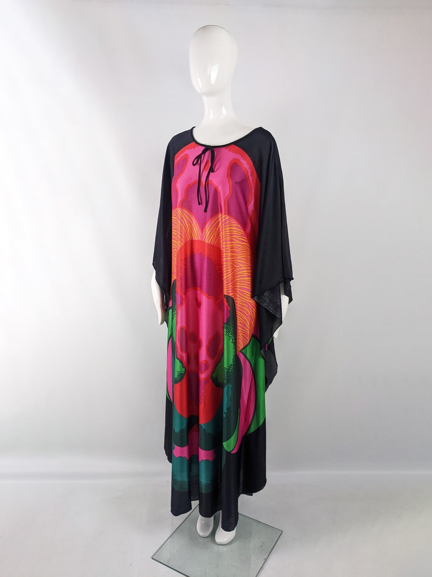 Clive Byrne Vintage Black Floral Kaftan Dress, 1970s