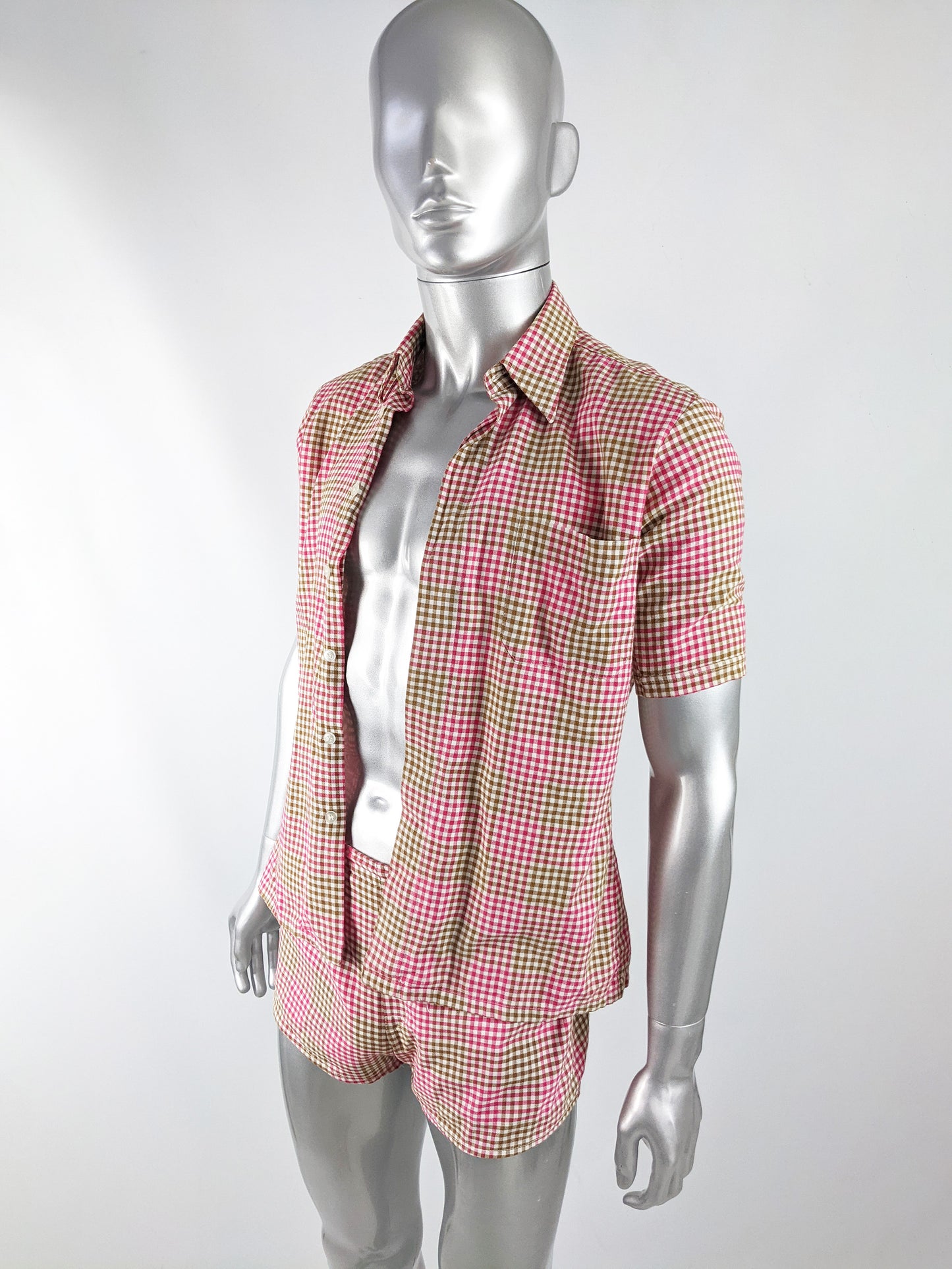 Mens Vintage Two Piece Pink & Green Gingham Shirt & Shorts Set, 1960s