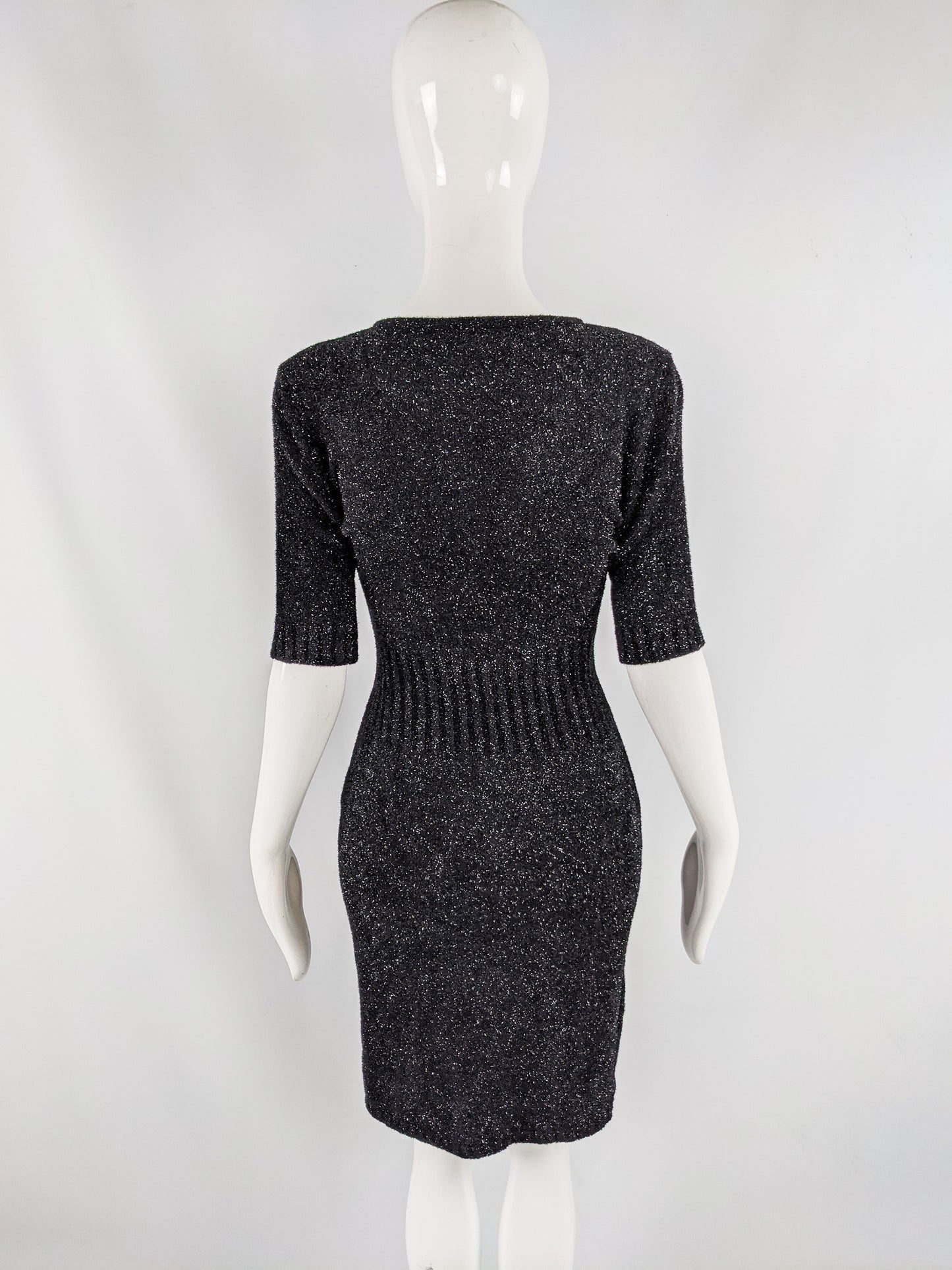 Vintage Black & Silver Metallic Fuzzy Knit Dress, 1990s