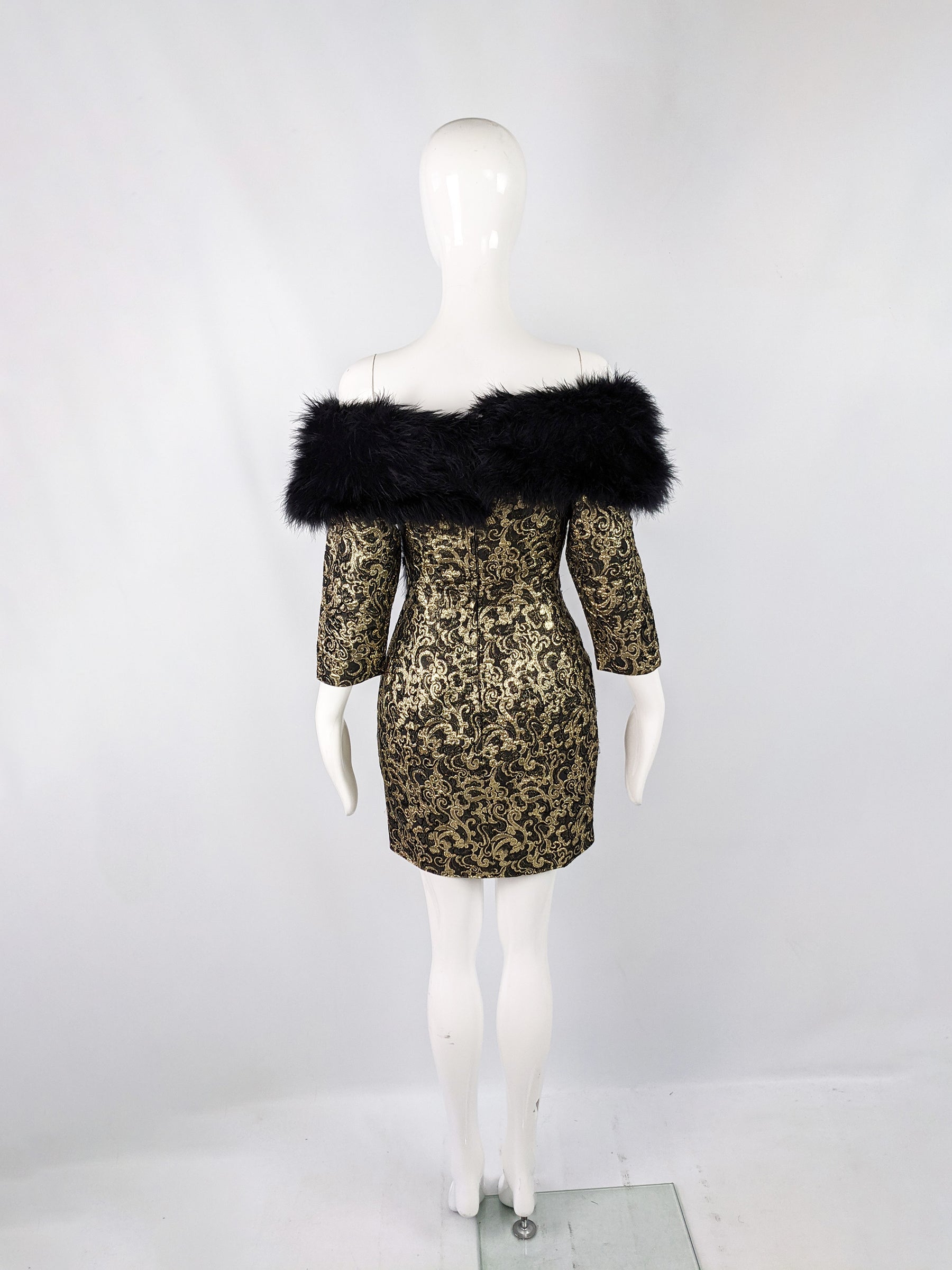 Vintage Gold Brocade Feather Trim Wiggle Party Dress, 1980s