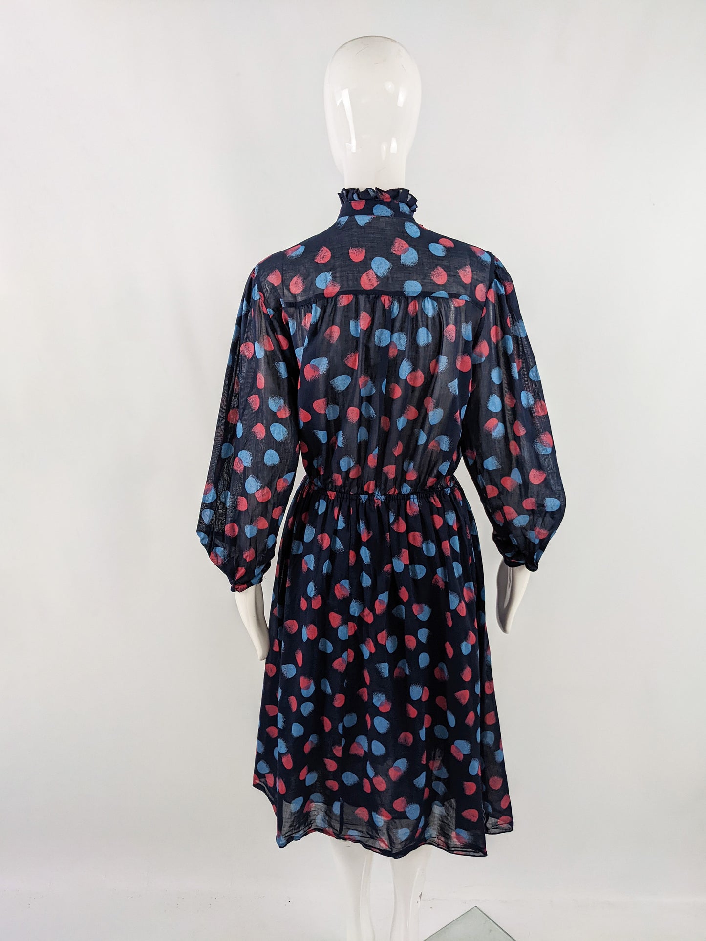 Vintage Navy Blue Sheer Cotton Ruffle Shirt Dress, 1970s