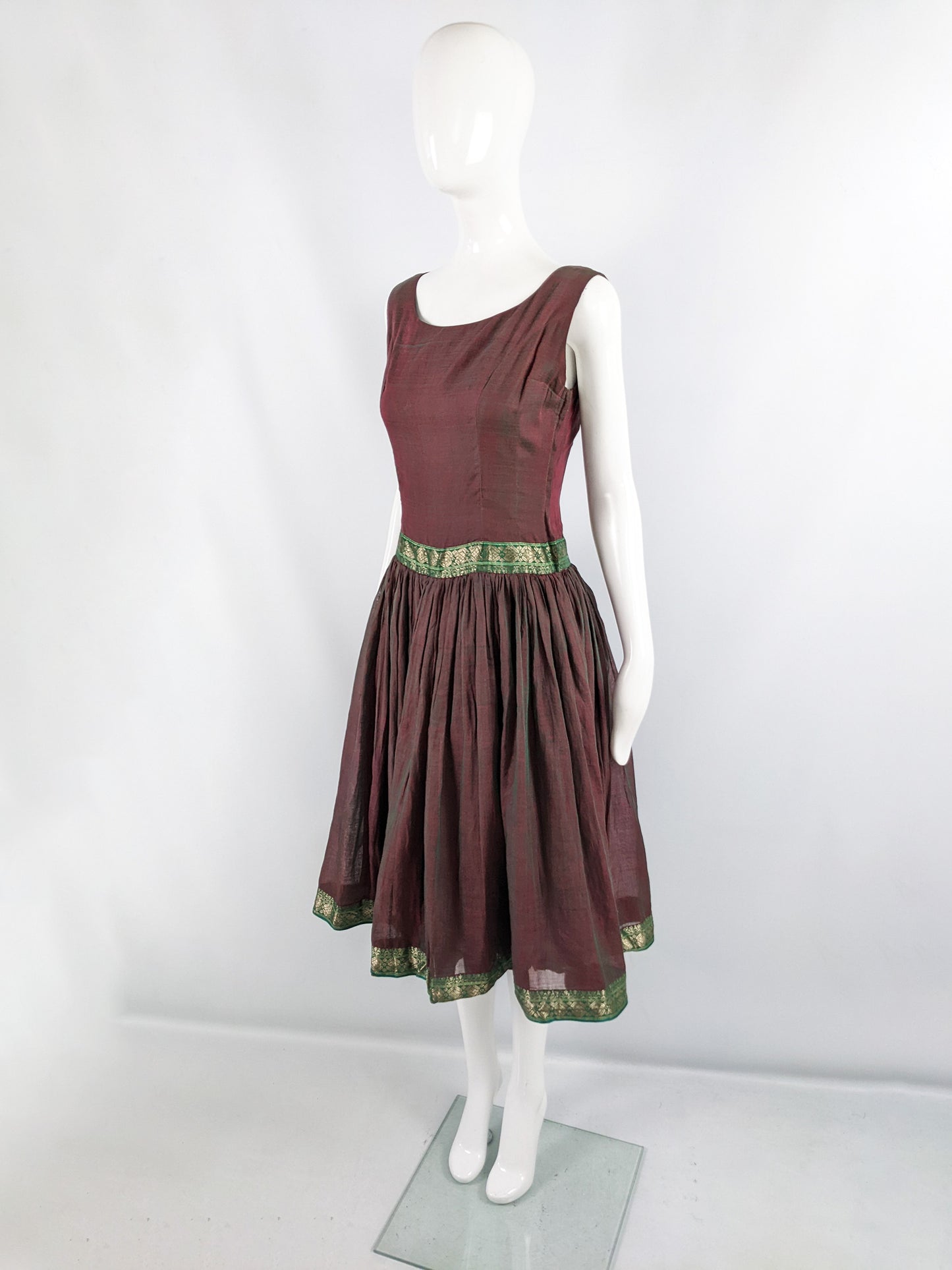 Vintage 1950s Asian Iridescent Brocade Trim Dress