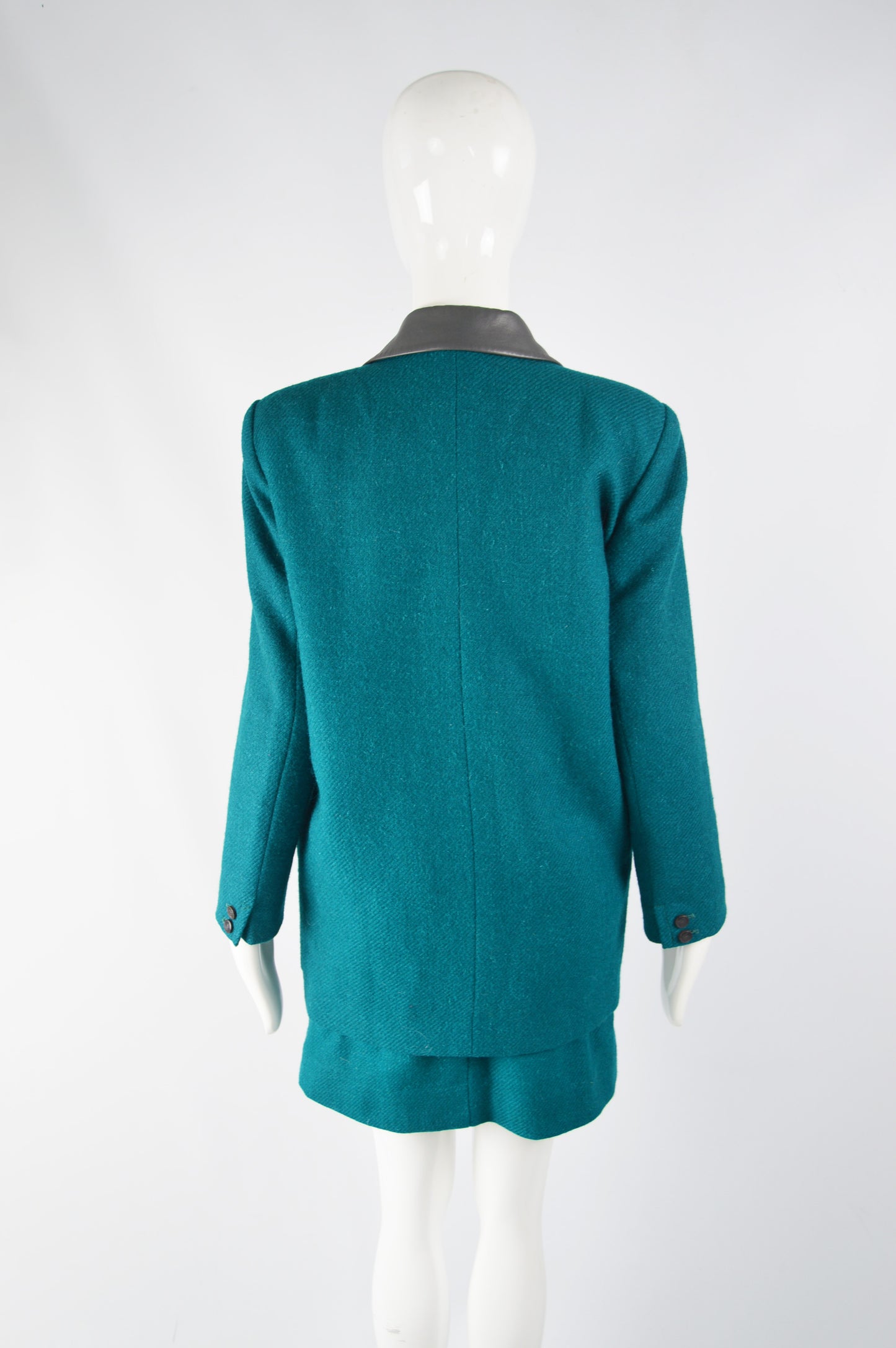 Vintage Womens Teal Wool & Leather Skirt Suit, 1980s