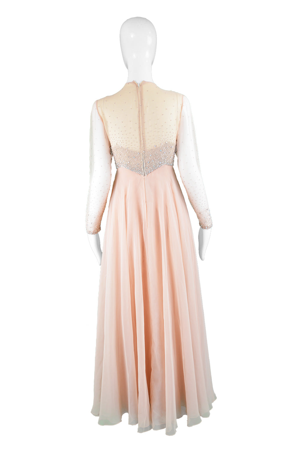 Peach Vintage Chiffon Beaded Evening Gown, 1960s