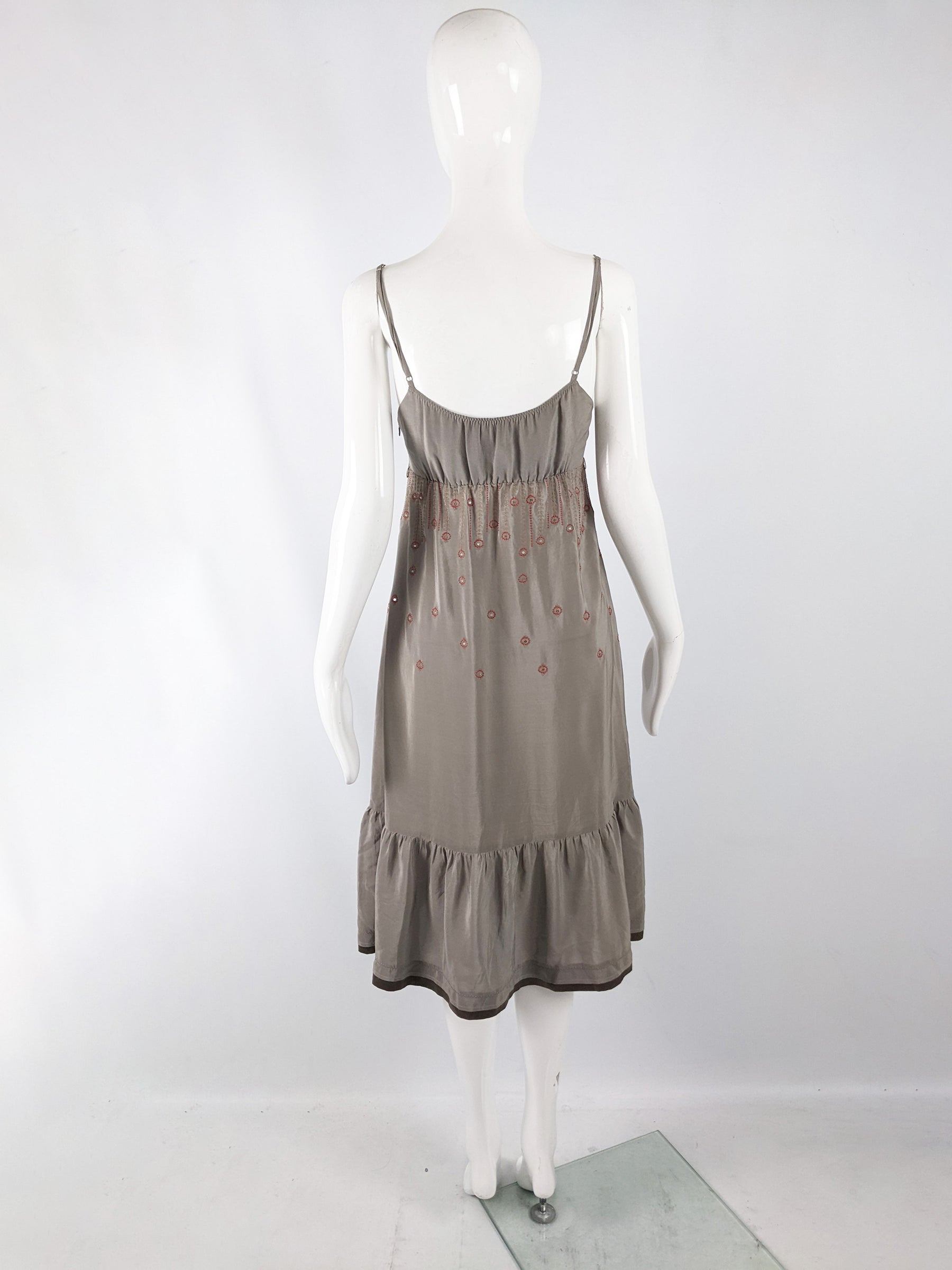 Sandro Paris Vintage y2k Taupe Silk Embroidered Dress, 2000s