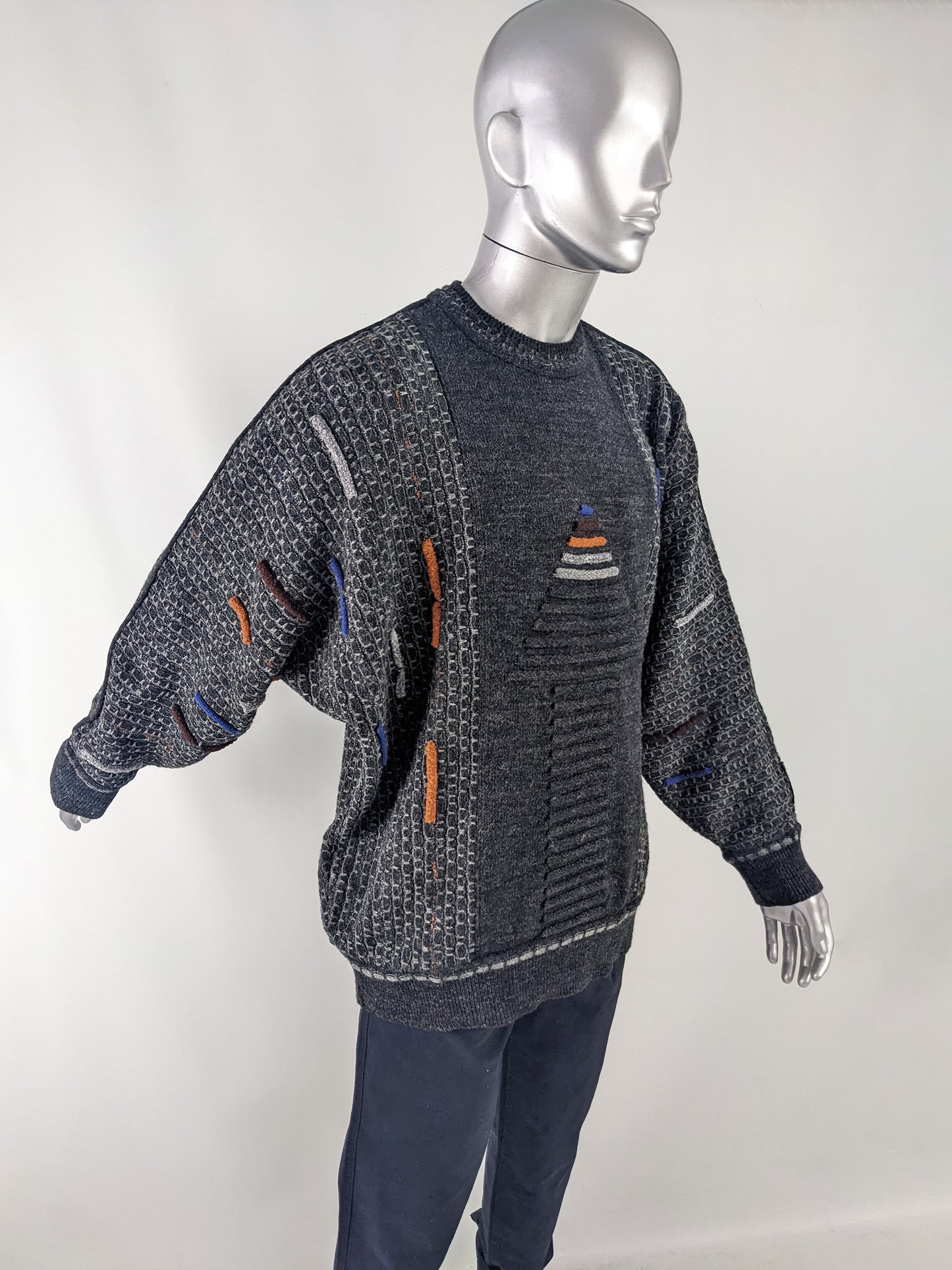 Carlo Colucci Vintage Mens Wool Rich Grey Batwing Jumper, 1980s