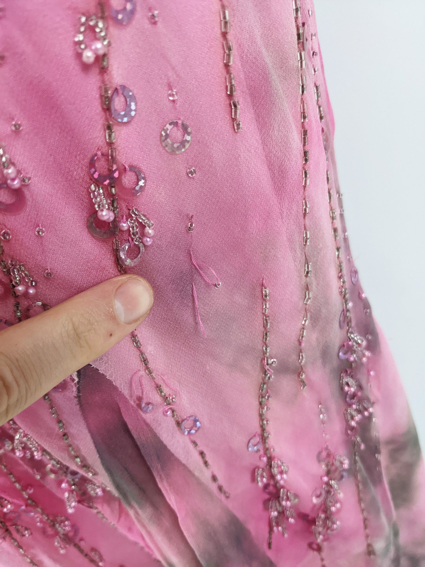 Vintage Pink Silk Beaded Ruffled Tie Dye Slip Dress, 1990s