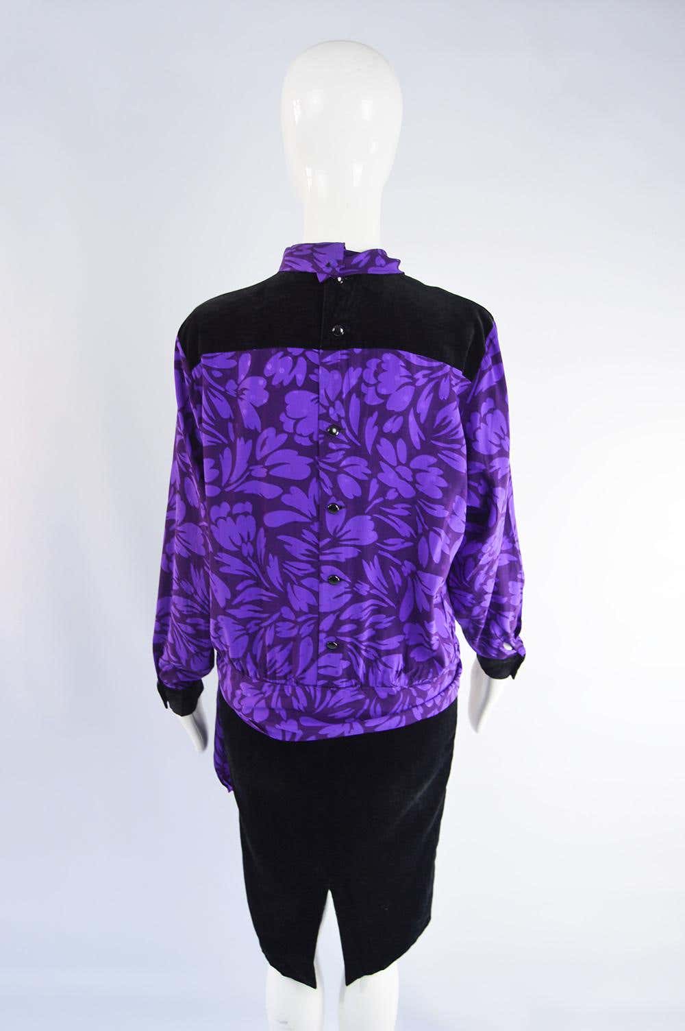 Guy Laroche Vintage Purple Jacquard & Black Velvet Dress, 1980s