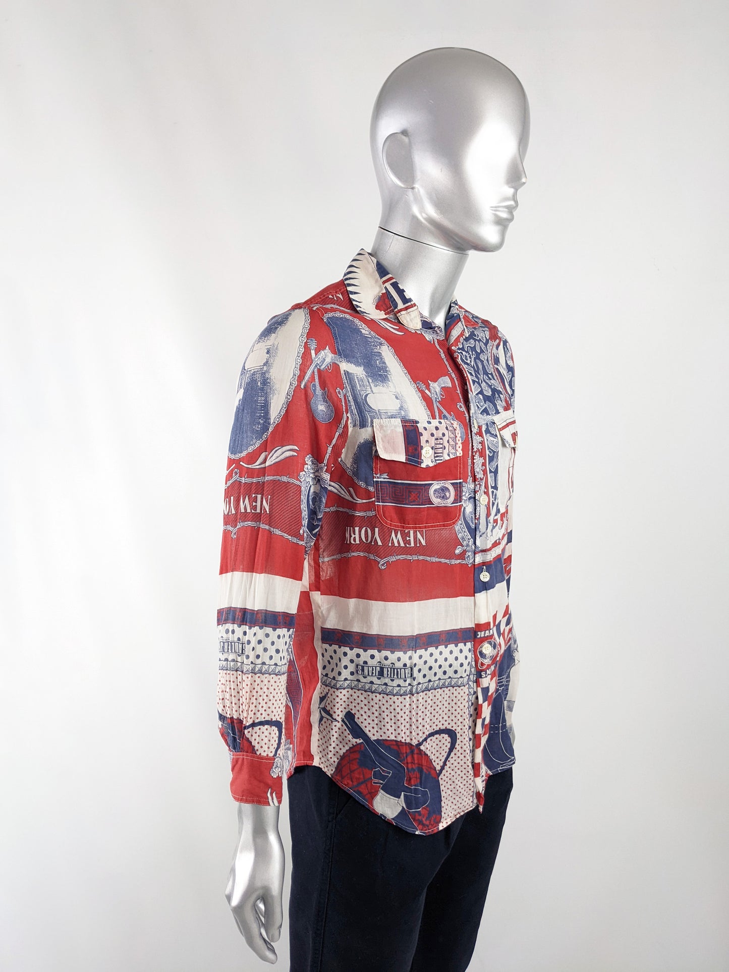 Jean Paul Gaultier Vintage Mens Blue & Red Cotton Shirt, 1990s