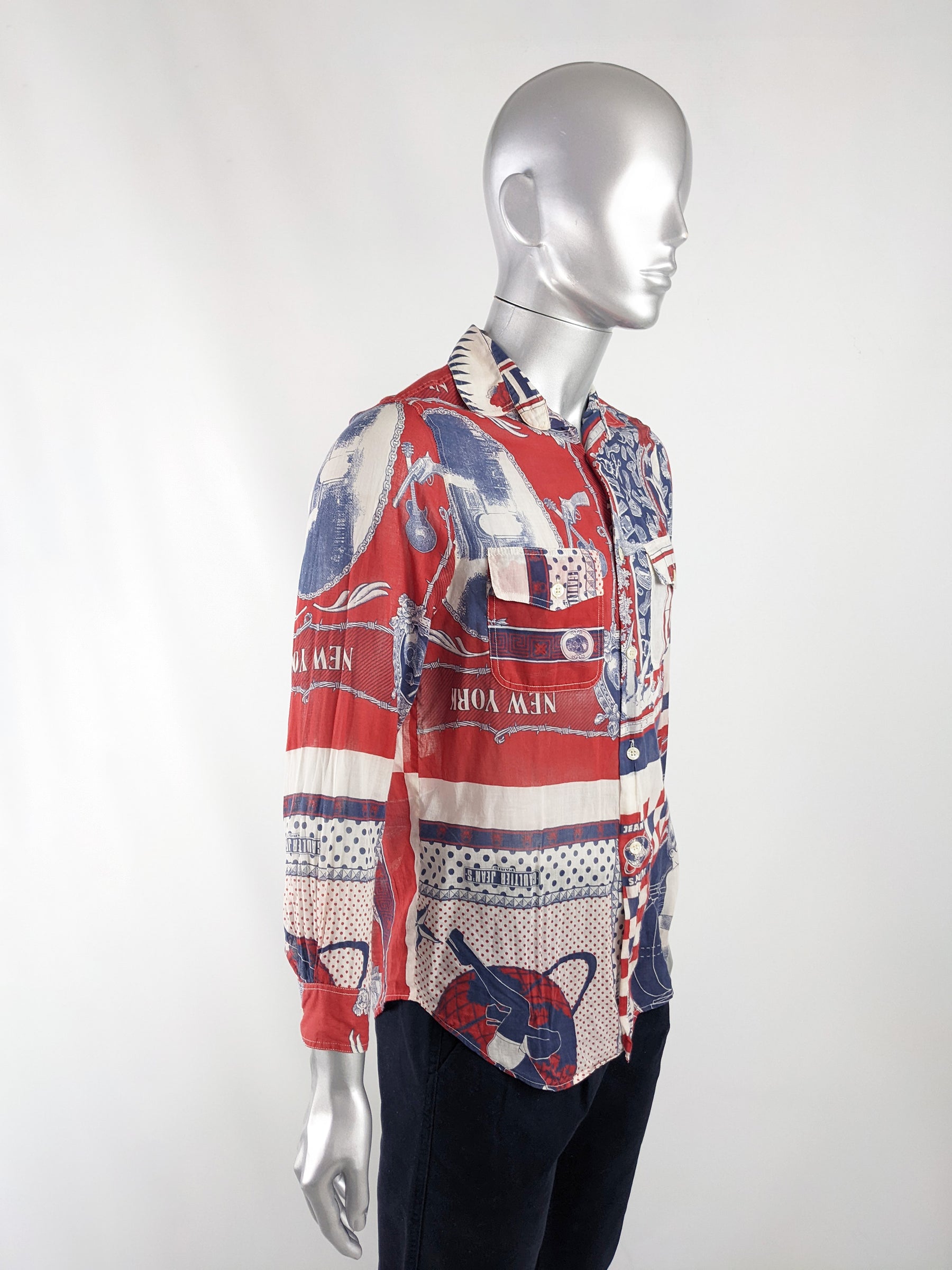Jean Paul Gaultier Vintage Mens Blue & Red Cotton Shirt, 1990s