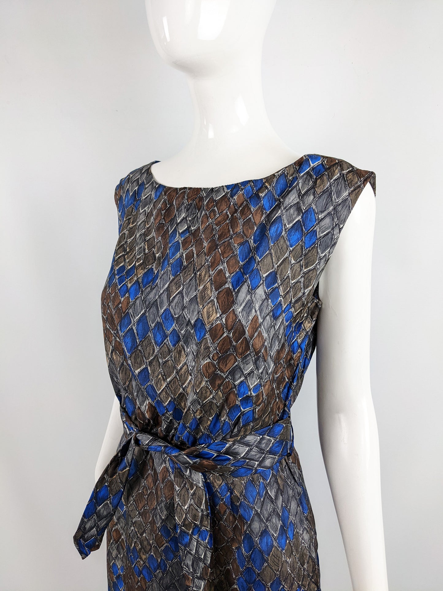 Vintage 50s Silk Party Dress with Blue & Brown Diamond Print, 1950s
