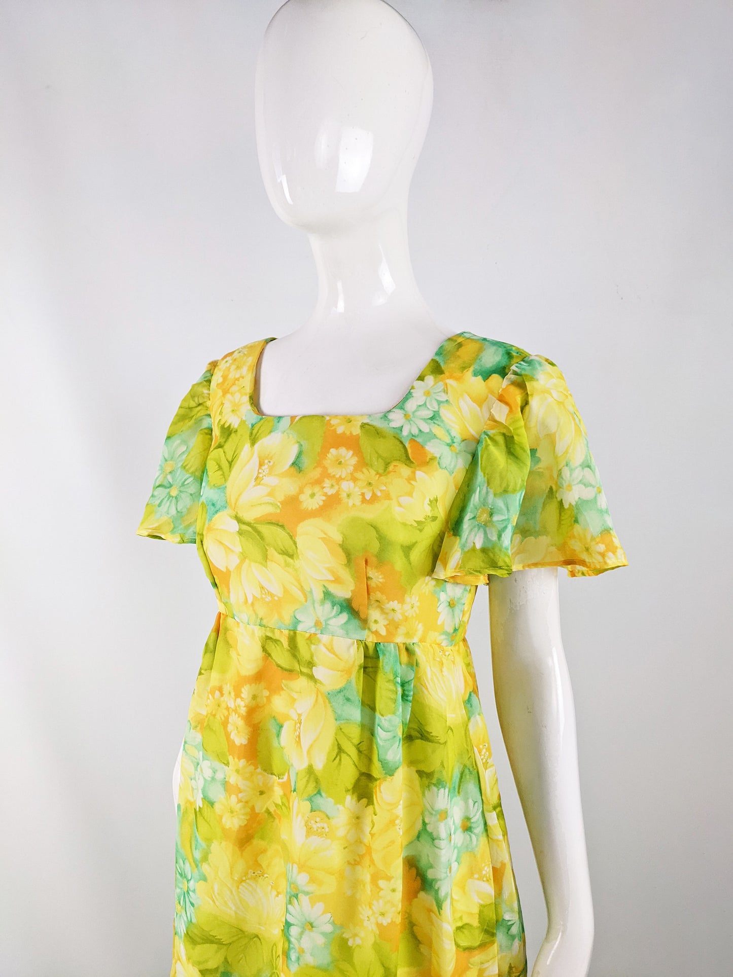 Vintage Yellow & Green Maxi Empire Line Dress, 1970s