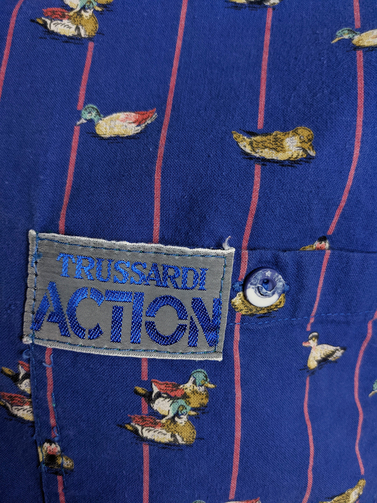 Trussardi Vintage Mens Long Sleeve Blue Duck Print Shirt, 1990s