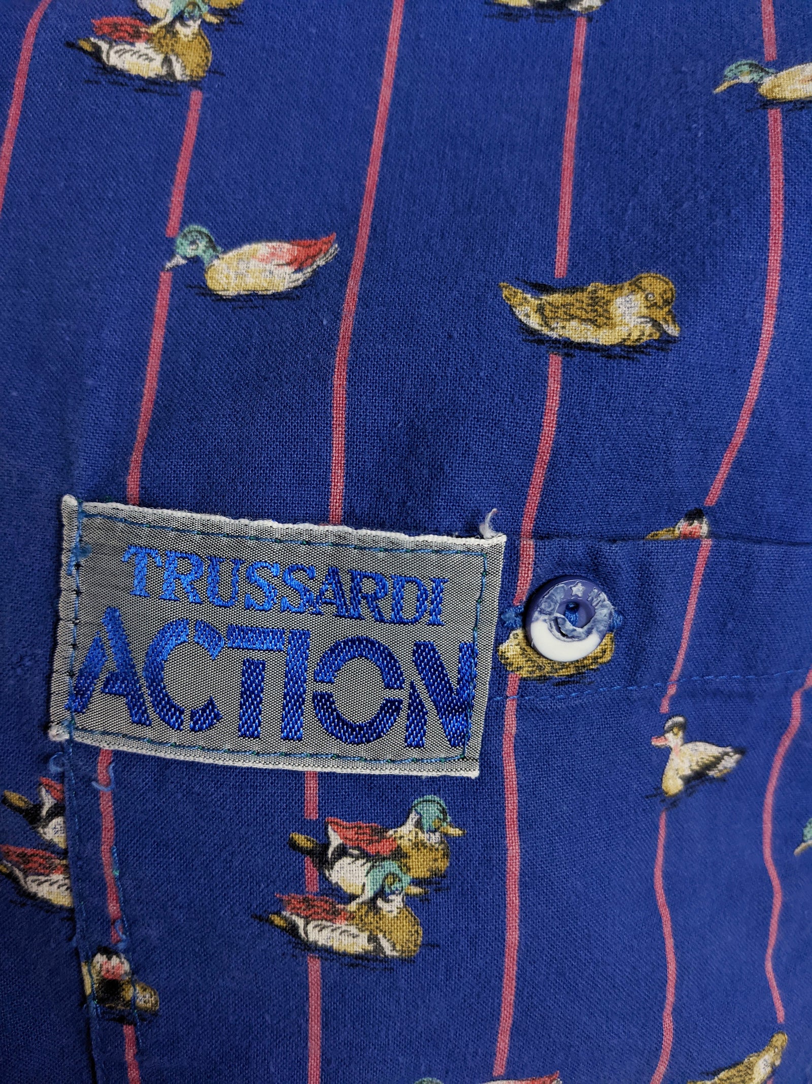 Trussardi Vintage Mens Long Sleeve Blue Duck Print Shirt, 1990s
