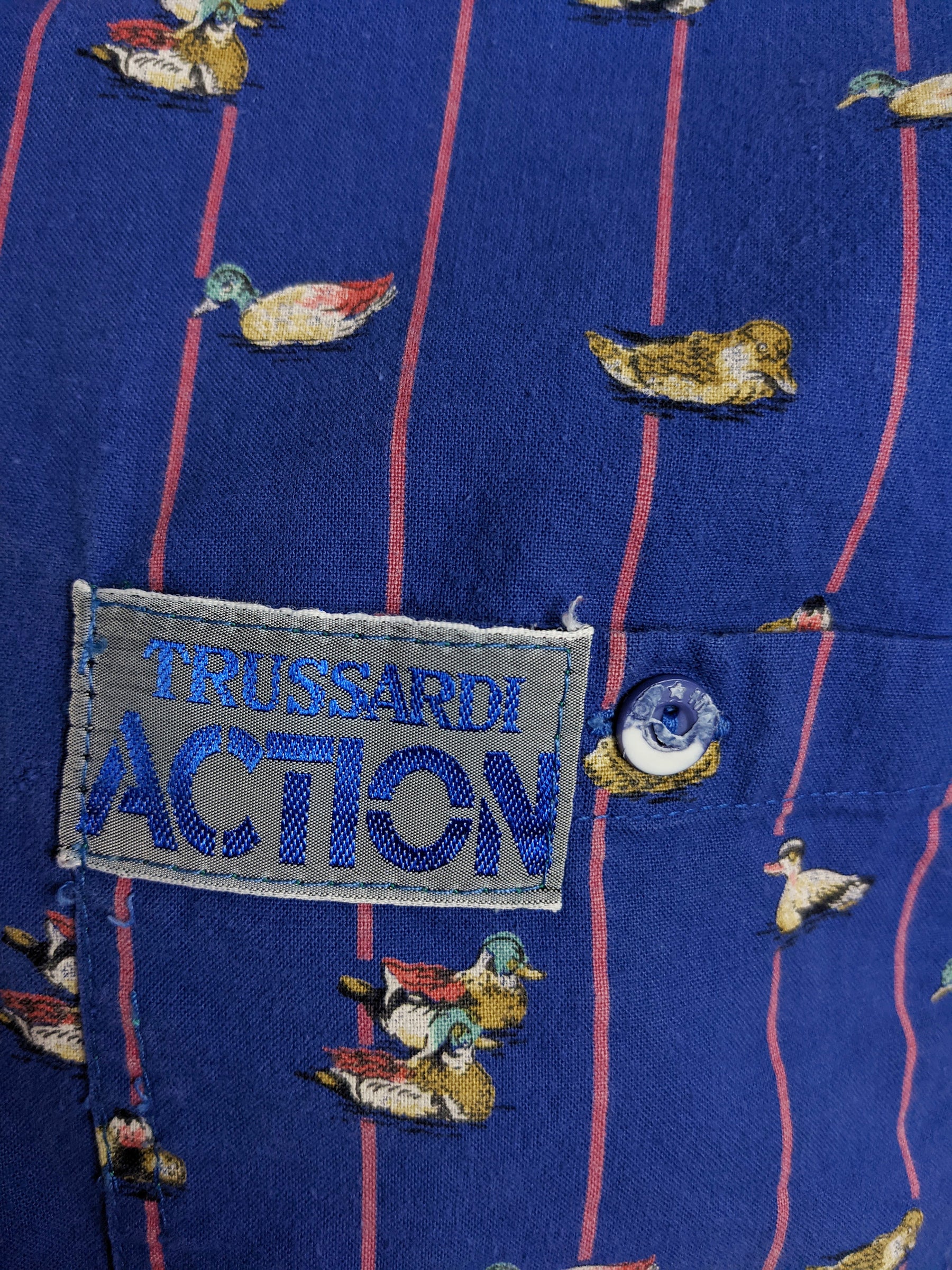 Trussardi Vintage Mens Long Sleeve Blue Duck Print Shirt, 1990s