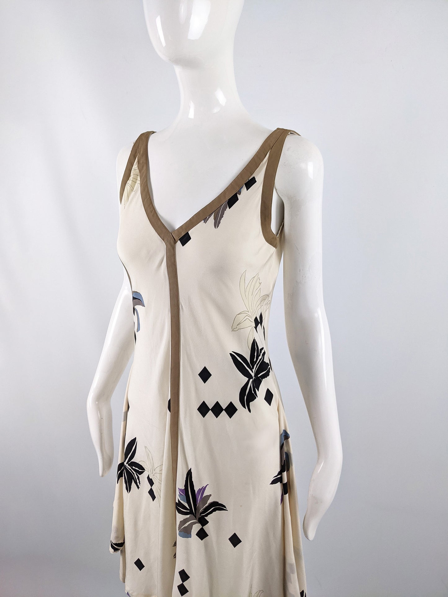 Vintage Cream Silk Geometric Floral Dress, 1980s