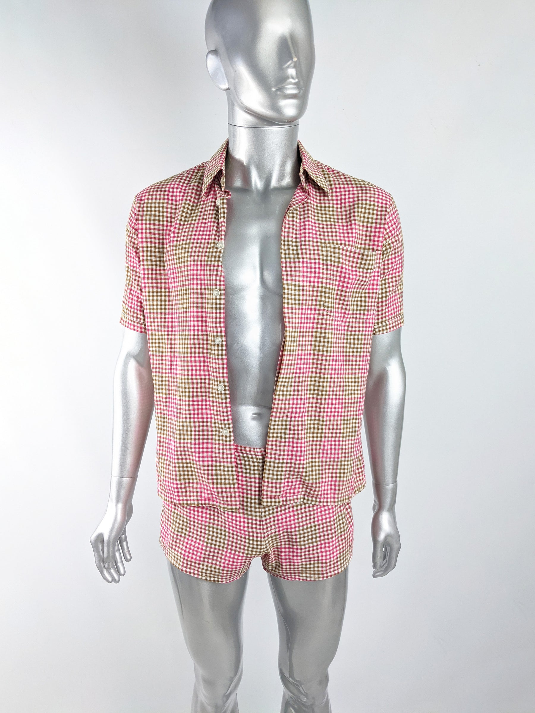 Mens Vintage Two Piece Pink & Green Gingham Shirt & Shorts Set, 1960s