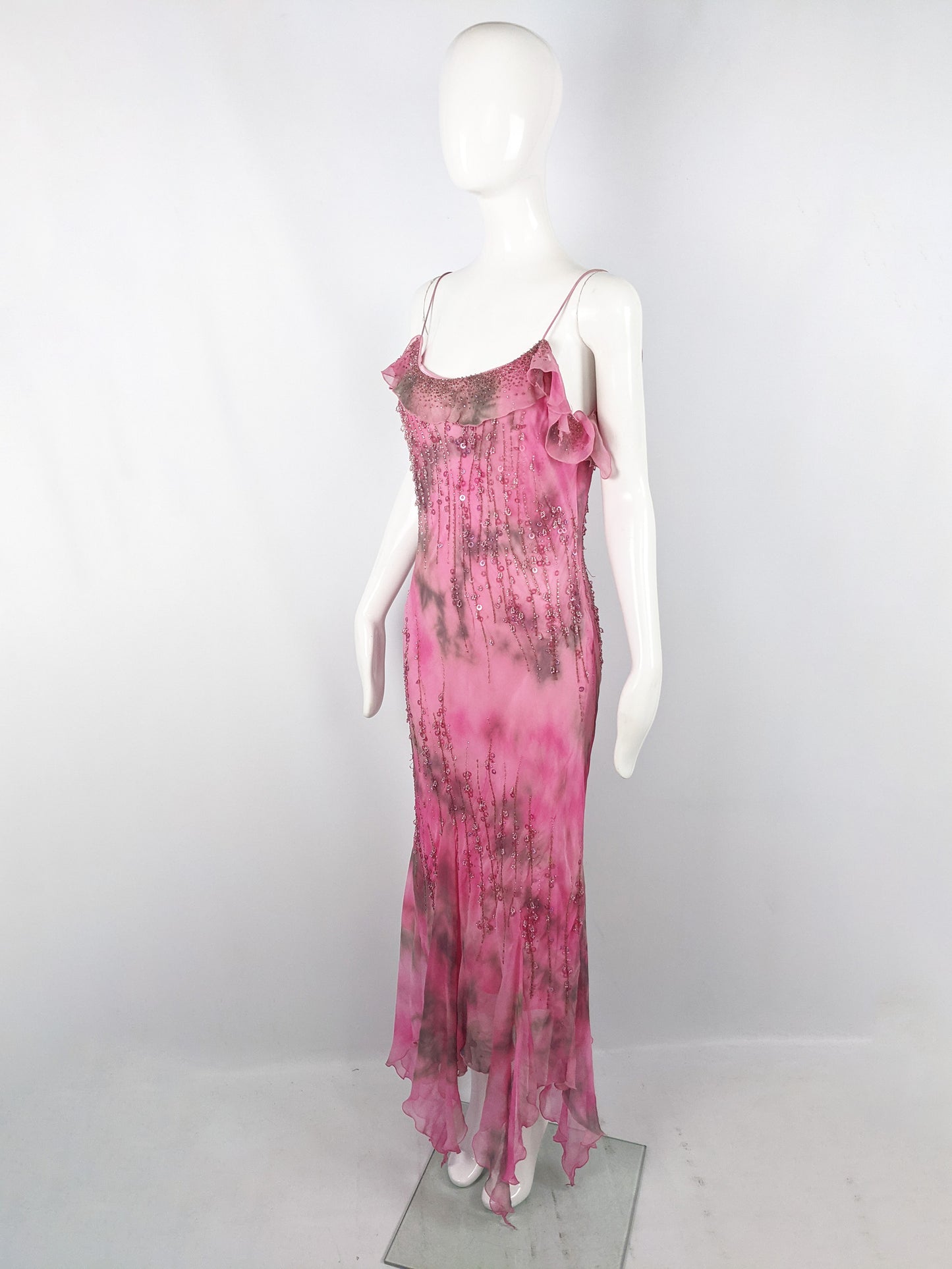 Vintage Pink Silk Beaded Ruffled Tie Dye Slip Dress, 1990s