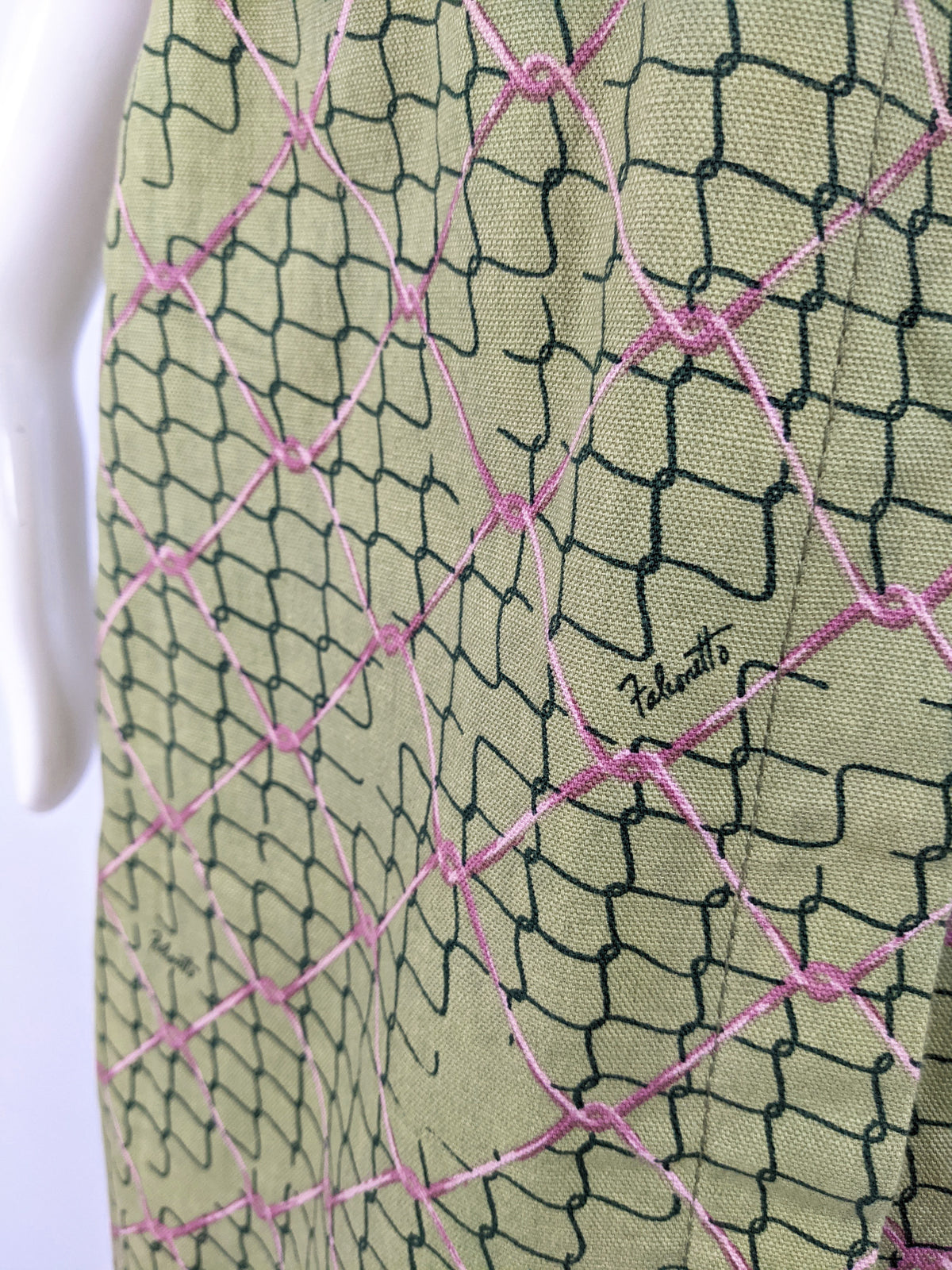 Ken Scott Fabric Vintage Green Cotton Wire Fence Print Skirt, 1970s