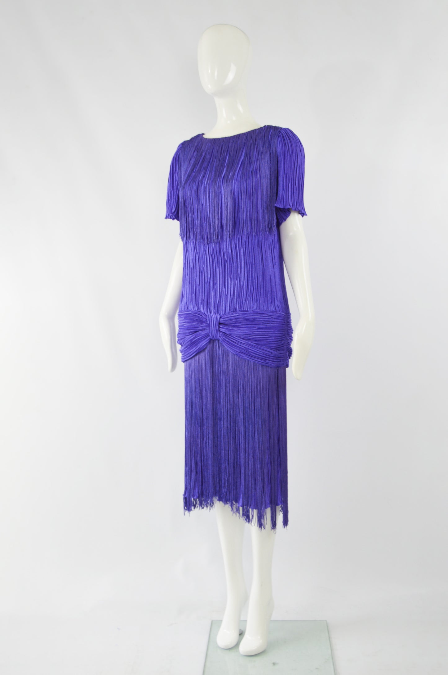 Vintage Blue Fortuny Pleated & Fringed Party Dress, 1980s