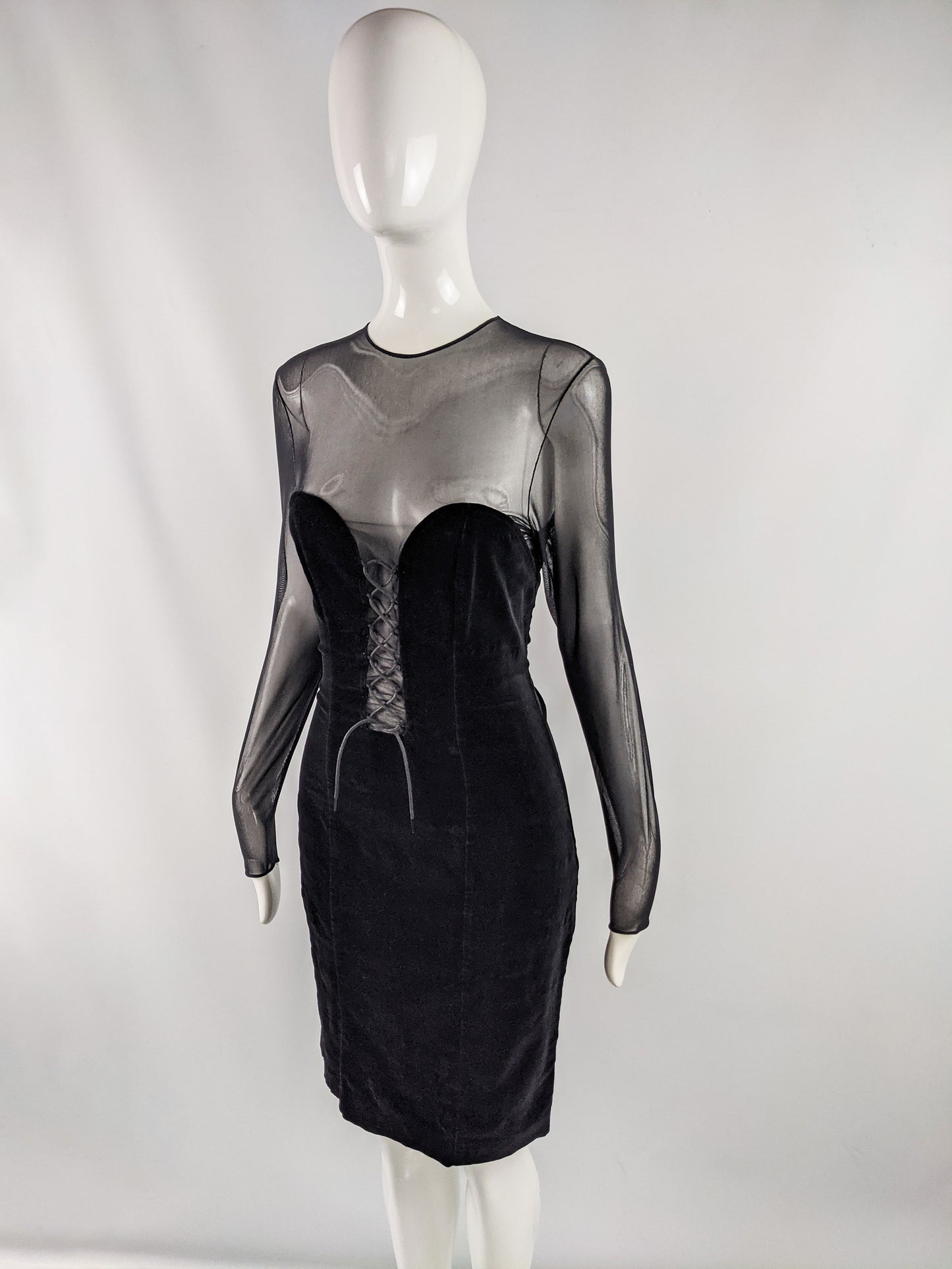 Vintage Black Velvet & Sheer Mesh Plunge Dress, 1990s