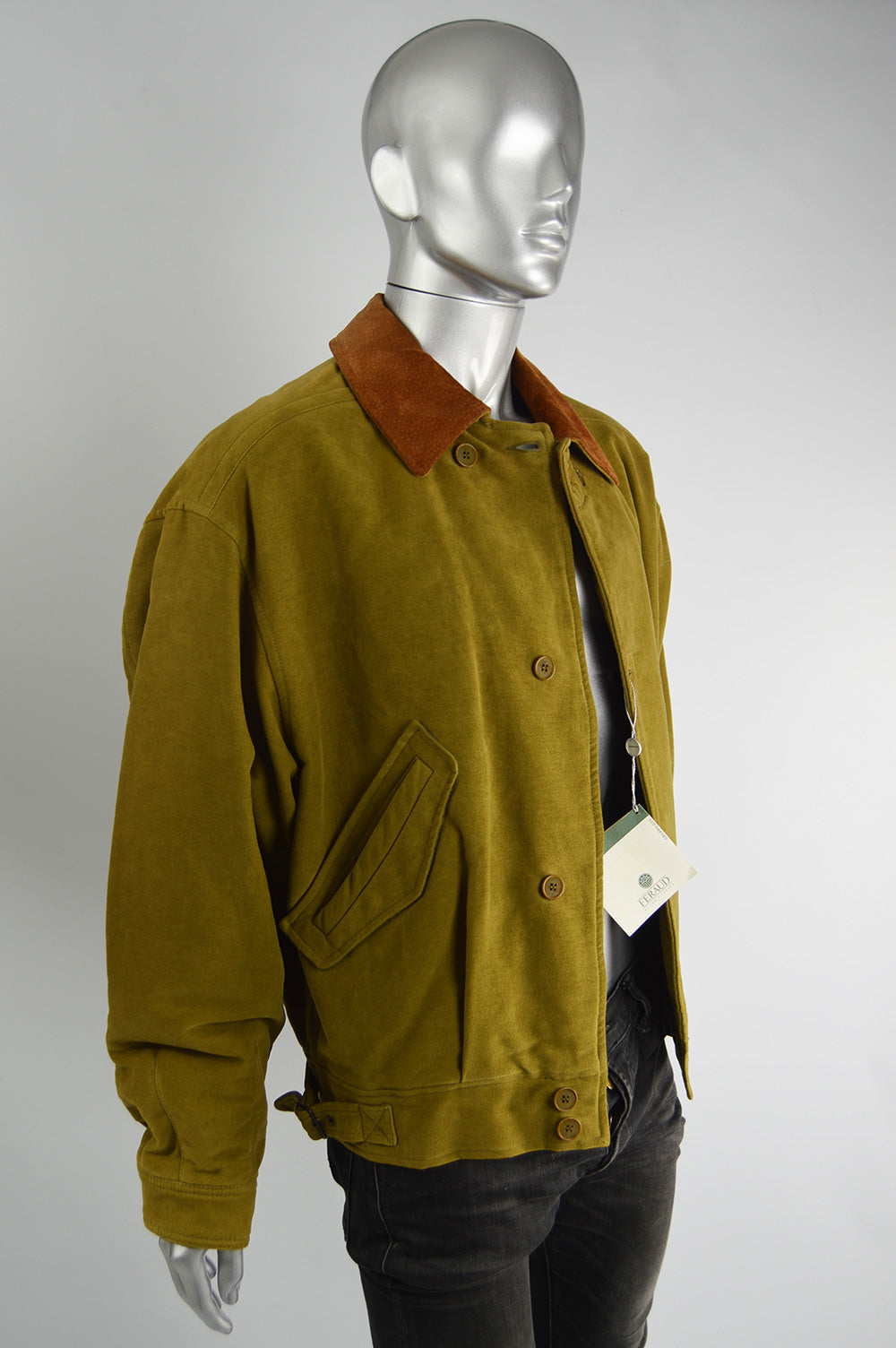 Vintage Olive Yellow Moleskin & Suede Bomber Jacket, 1980s