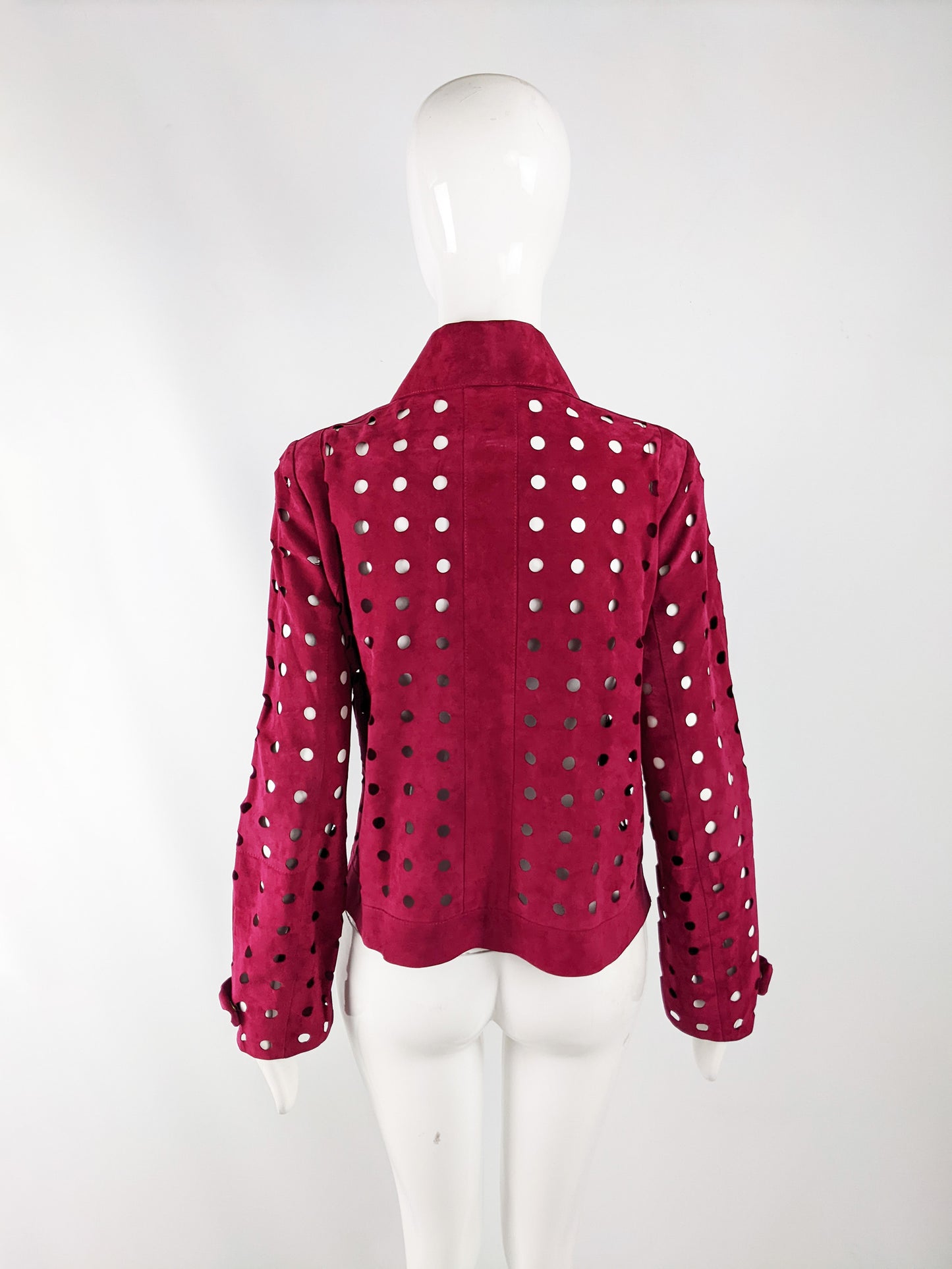Vintage Laser Cut Out Fuchsia Pink Womens Suede Jacket, 2000s