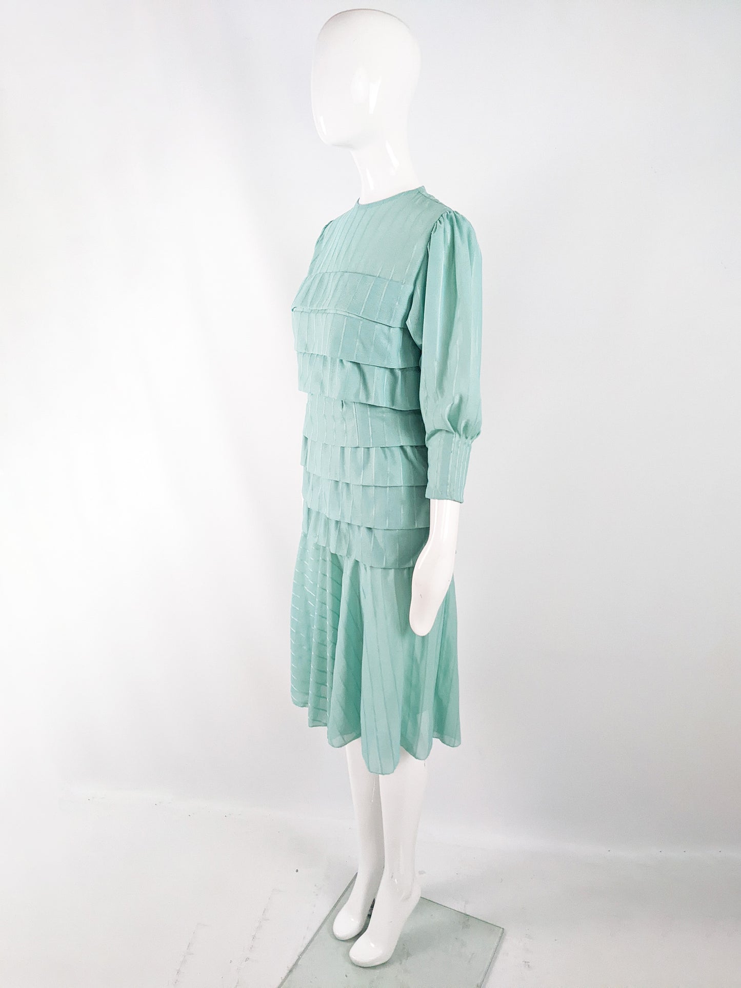 Vintage Mint Tiered Puff Sleeve Dress, 1970s