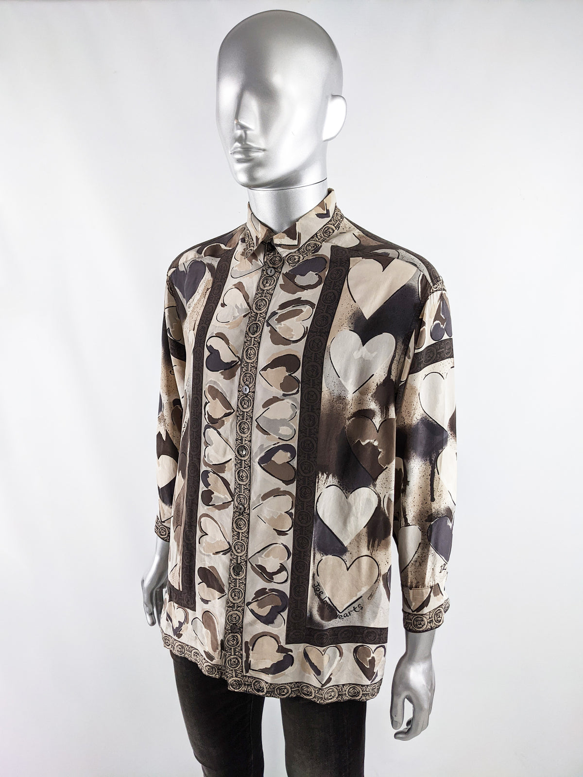 Joseph Mens Vintage Love Heart Print Pure Silk Shirt, 1980s