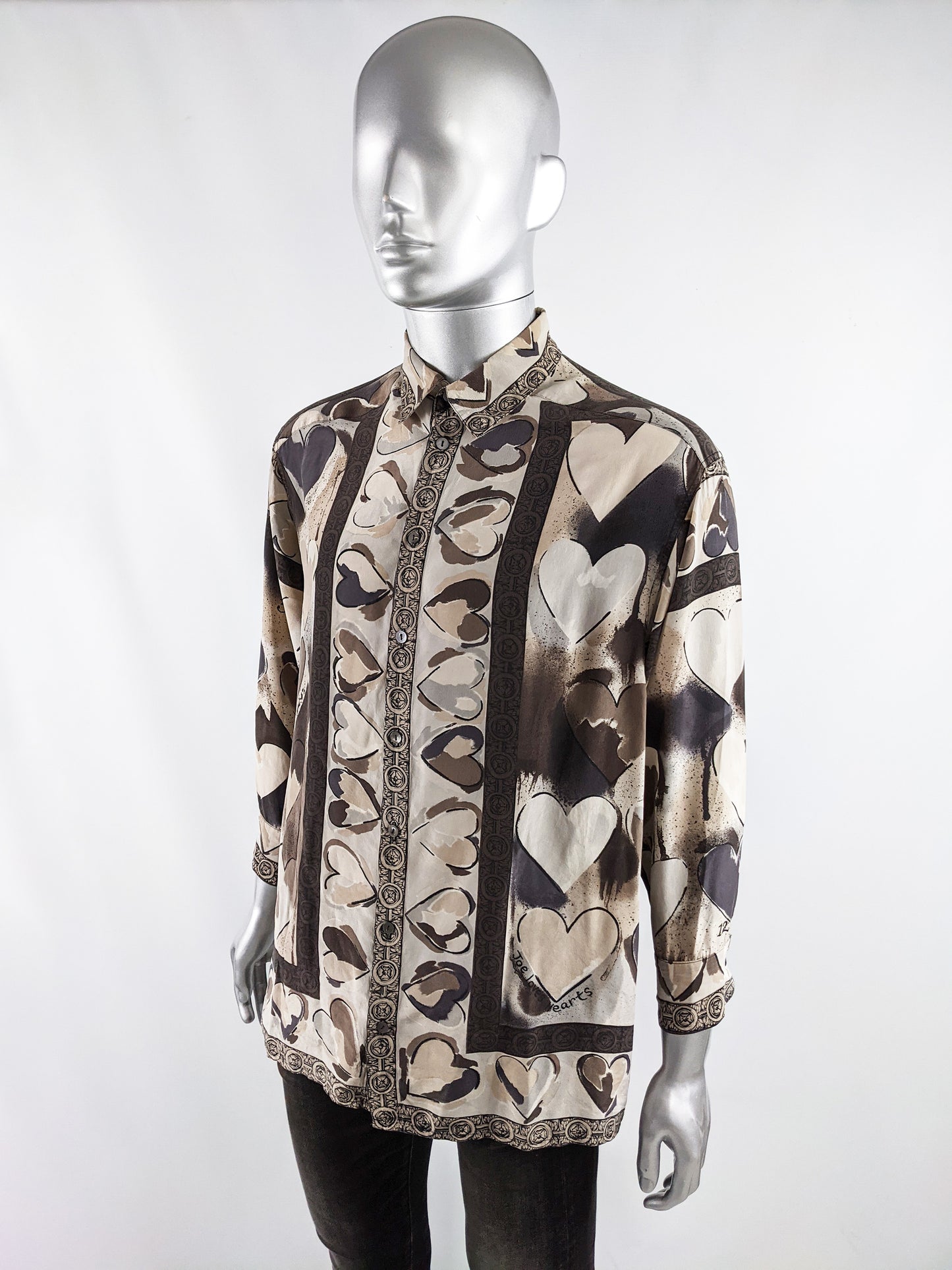 Joseph Mens Vintage Love Heart Print Pure Silk Shirt, 1980s
