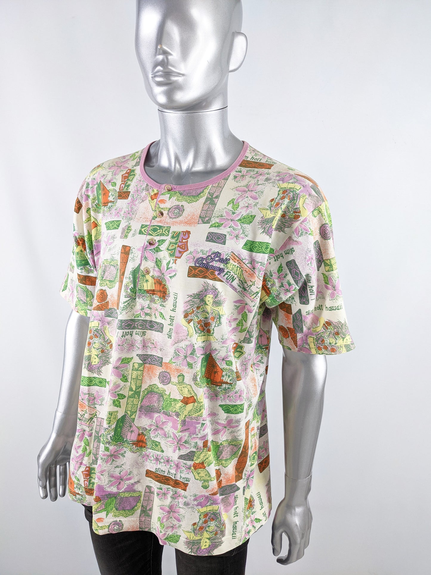 Vintage Mens Hawaiian Print Italian Henley T-Shirt, 1980s