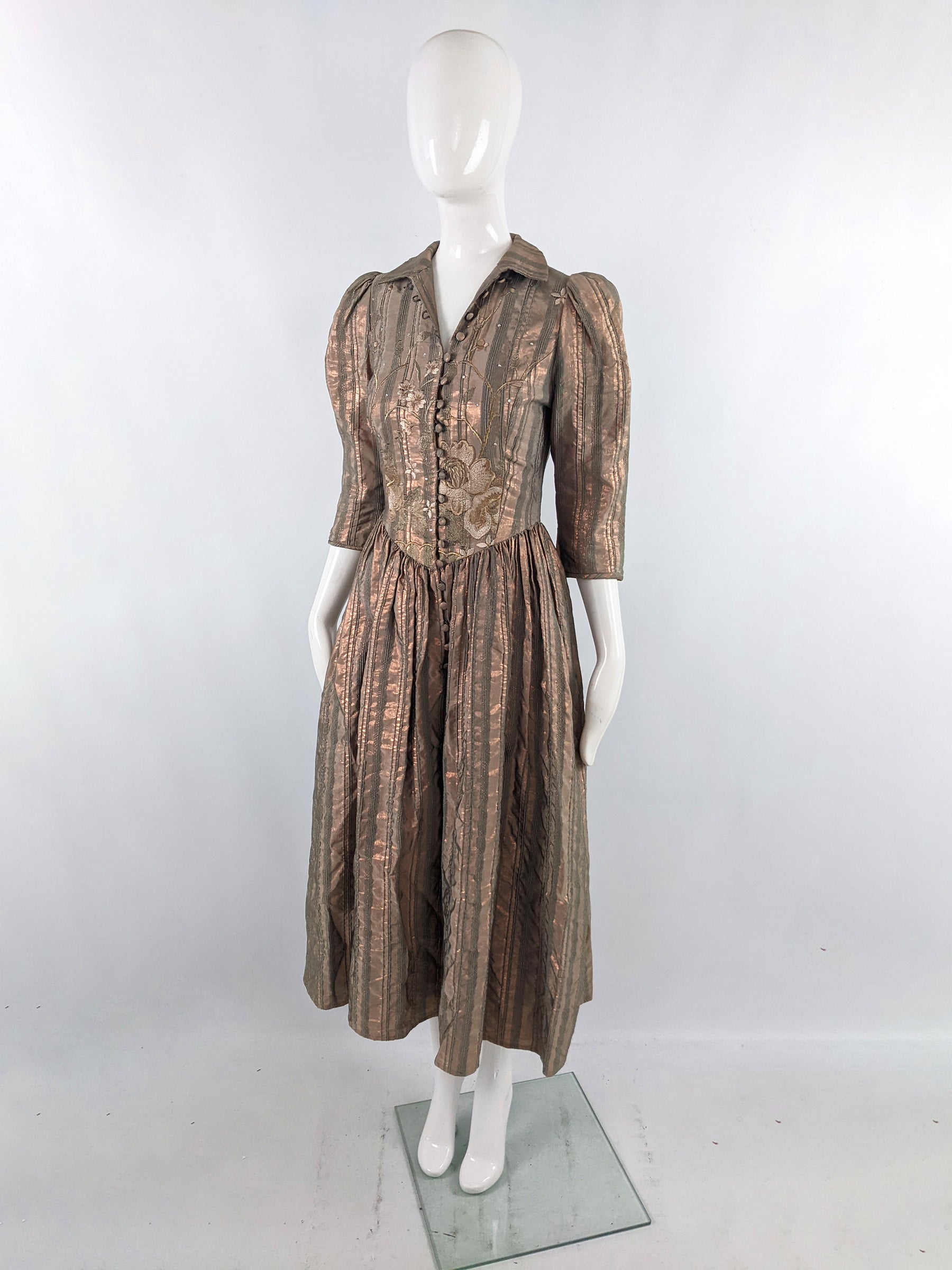Caroline Charles Vintage Pale Metallic Bronze Embroidered Dress, 1980s