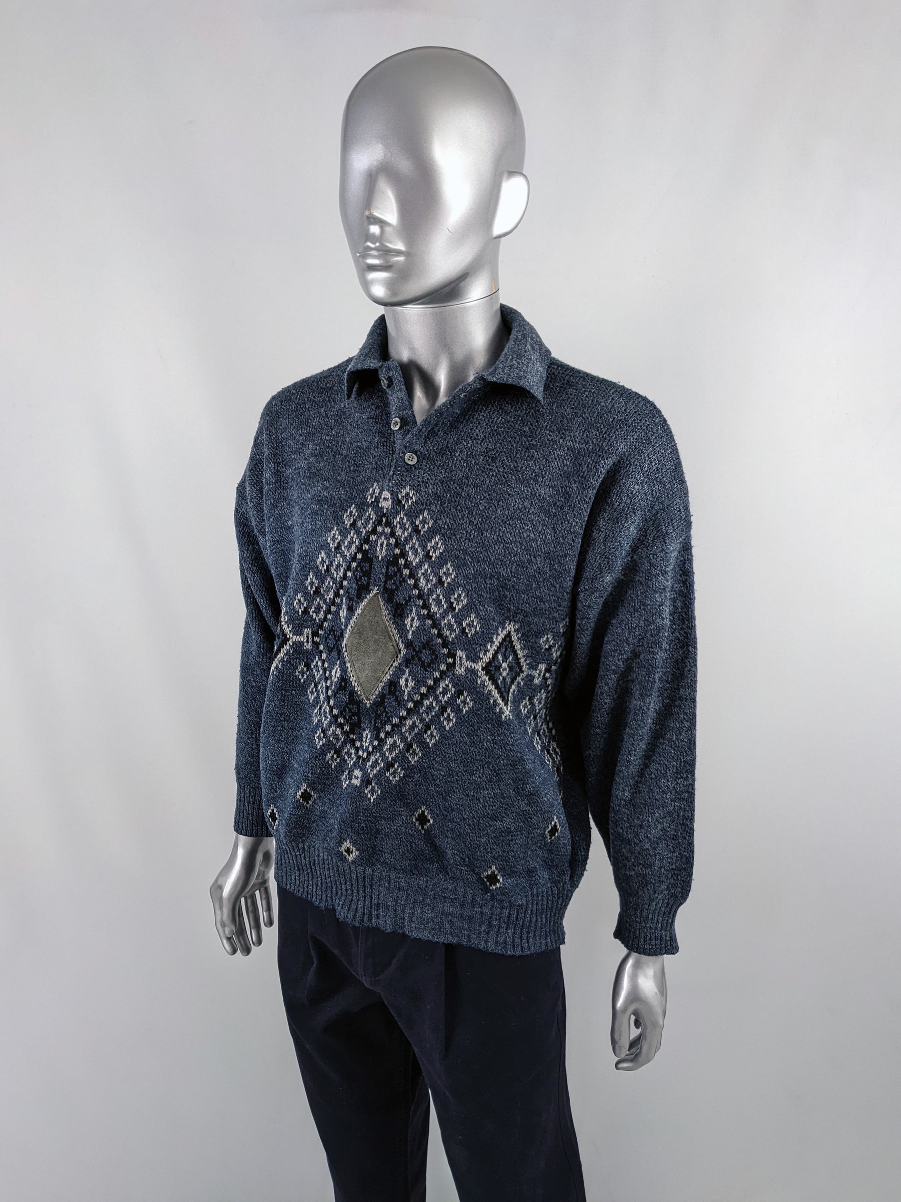 Vintage 1980s Mens Wool Blend Suede Patch Jumper