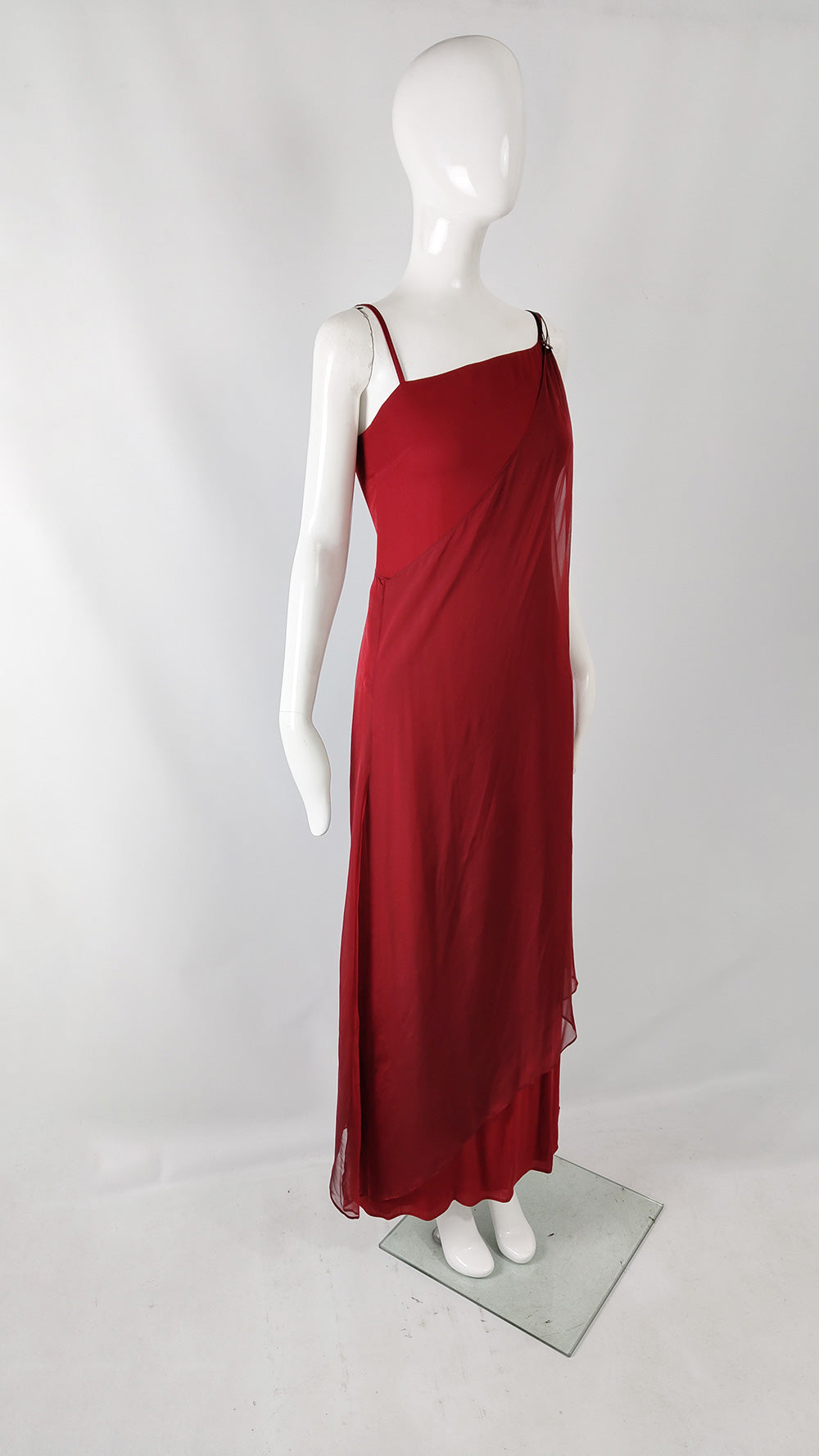 Max Mara Vintage Red Chiffon Overlay Evening Gown, 1990s