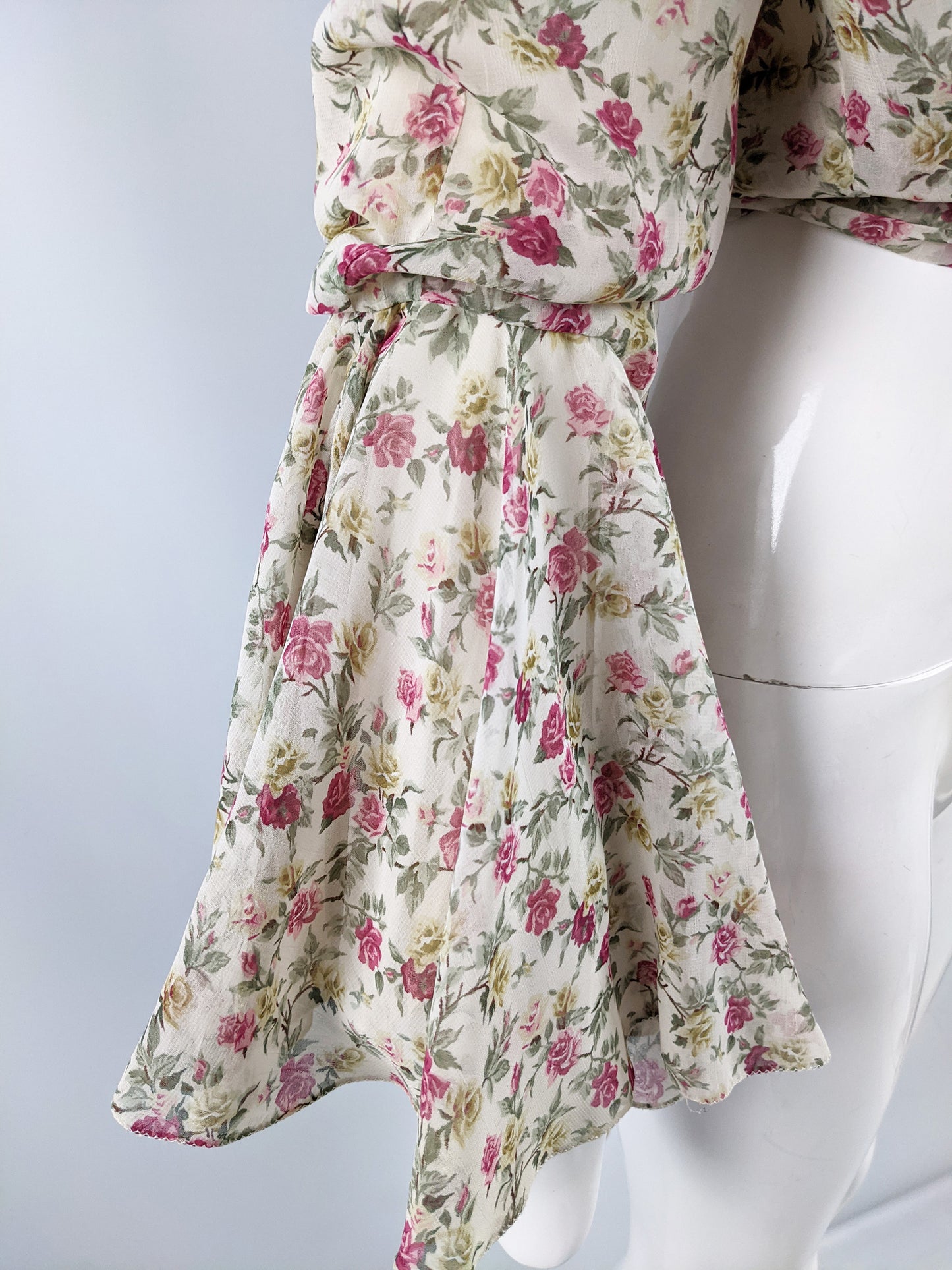 Vintage Romantic Floral Print Chiffon Bell Sleeve Blouse, 1980s