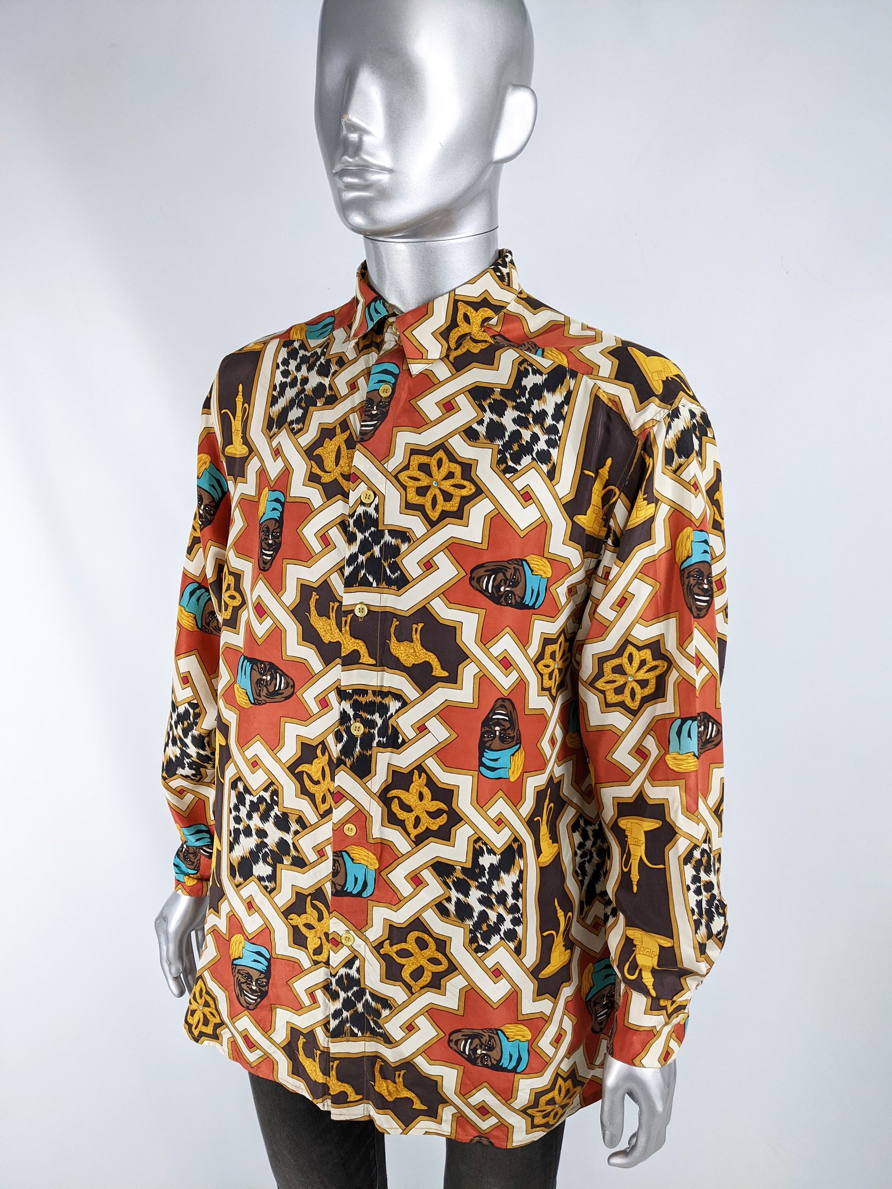 Mens Vintage Pure Silk Moorish Print Shirt, 1980s