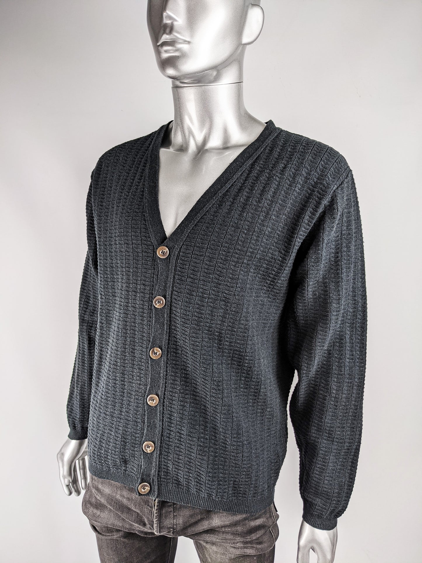 Mens Vintage Textured Knit Slouchy Cardigan, 1980s