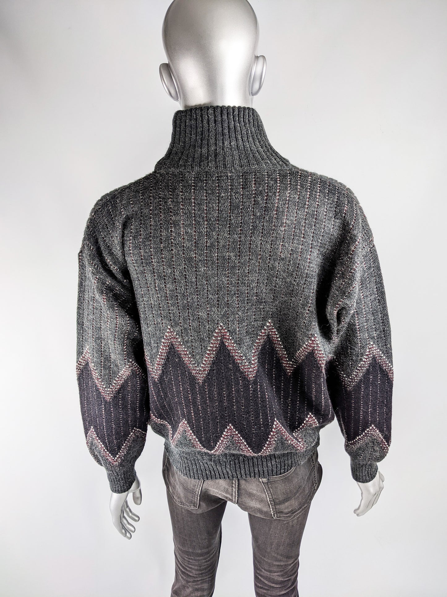Aldani Vintage Mens Italian Grey Knit Turtleneck Jumper, 1980s