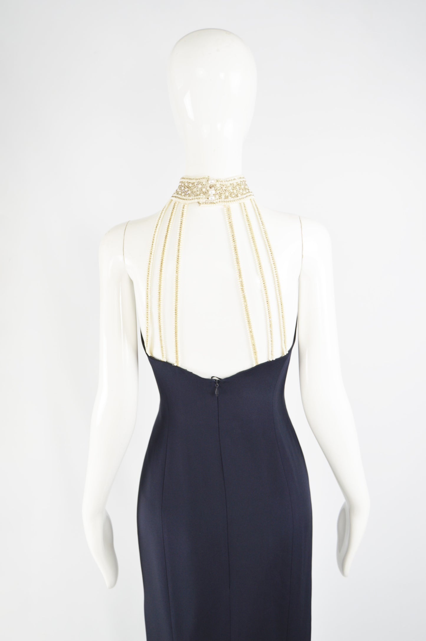 Vintage Pearl Beaded Navy Formal Evening Gown, 1980s