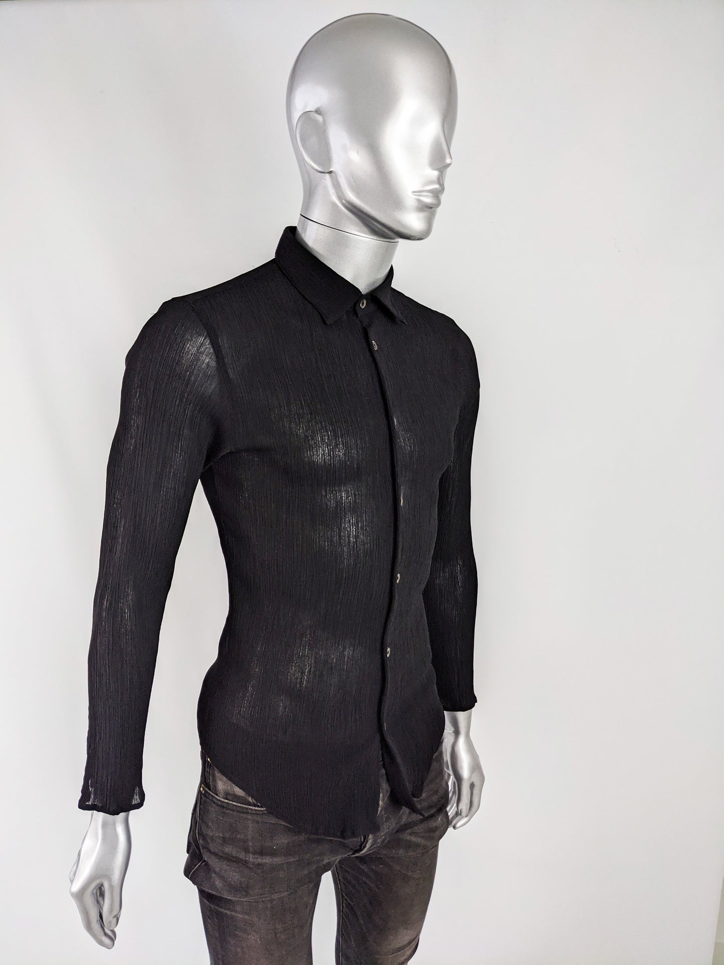 Mens Vintage Black Plissé Long Sleeve Shirt, 1990s