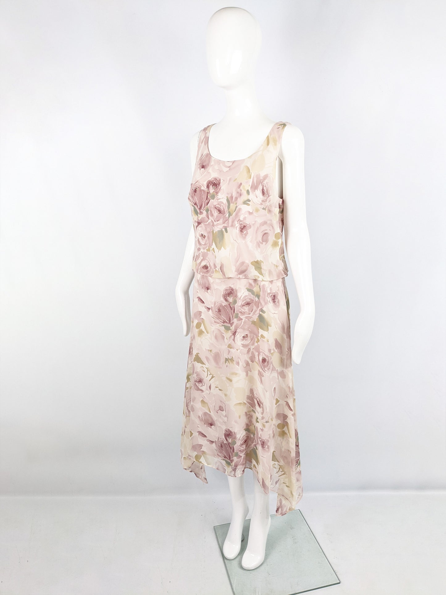 Vintage Pastel Sheer Floral Pure Silk Chiffon Blouson Dress, 1990s