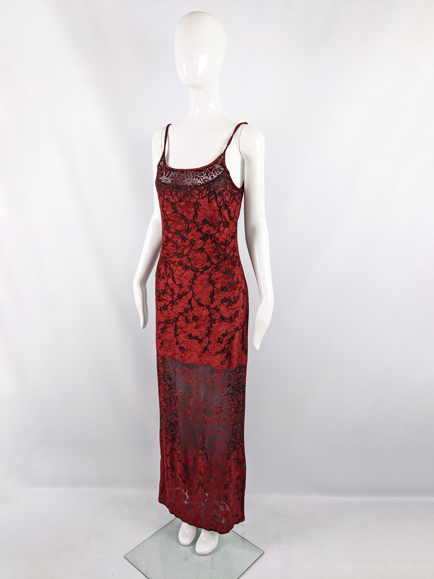 Vintage Red Burnout Velvet Devoré Maxi Dress, 1990s