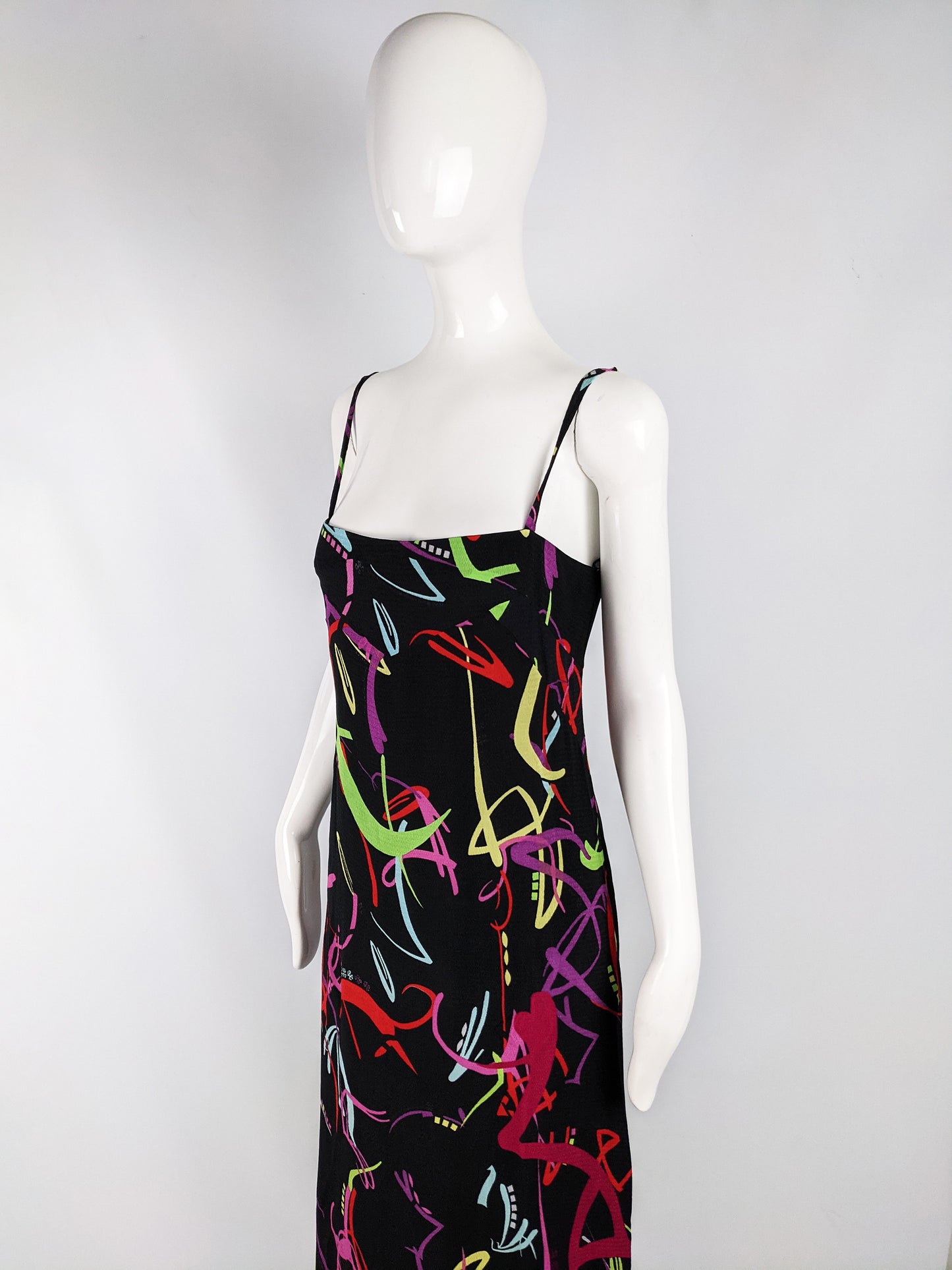 Vintage Black & Multicoloured Sleeveless Maxi Slip Dress, 1990s