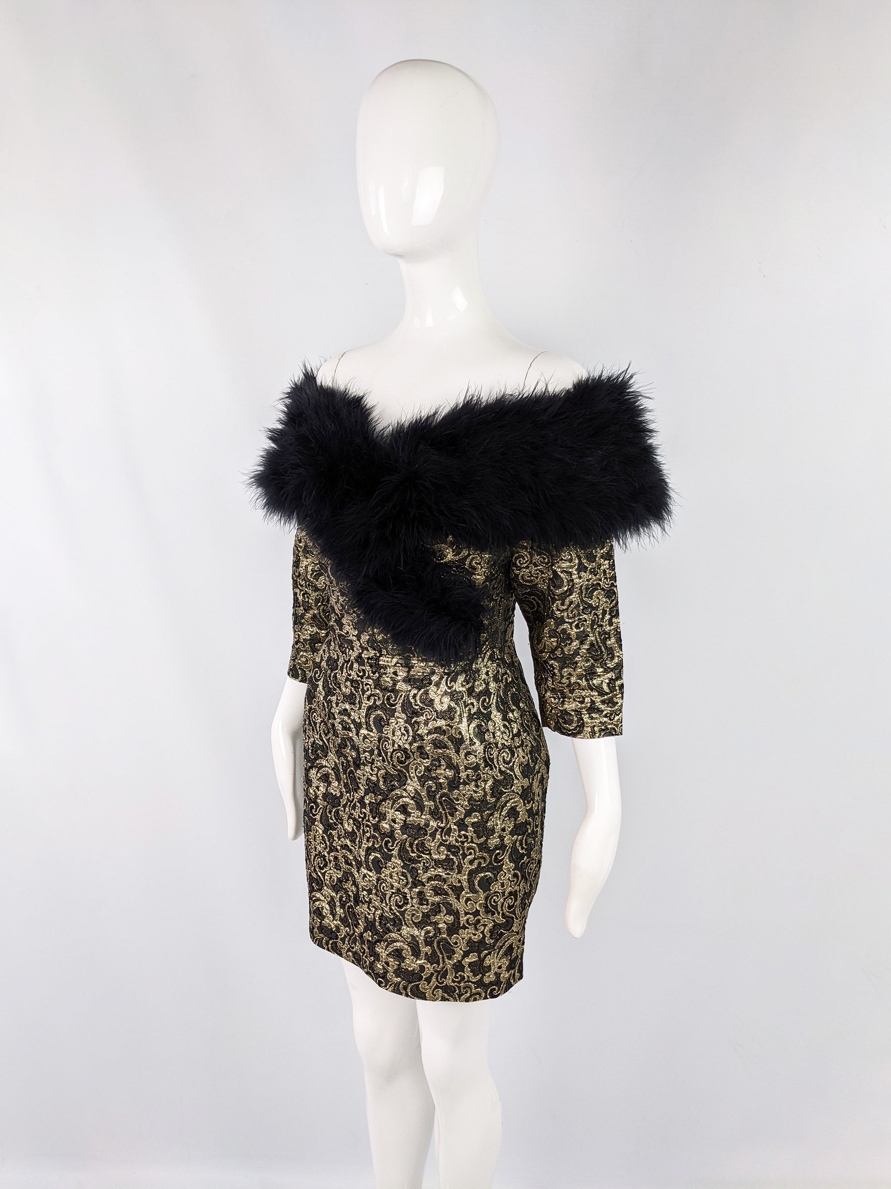 Vintage Gold Brocade Feather Trim Wiggle Party Dress, 1980s
